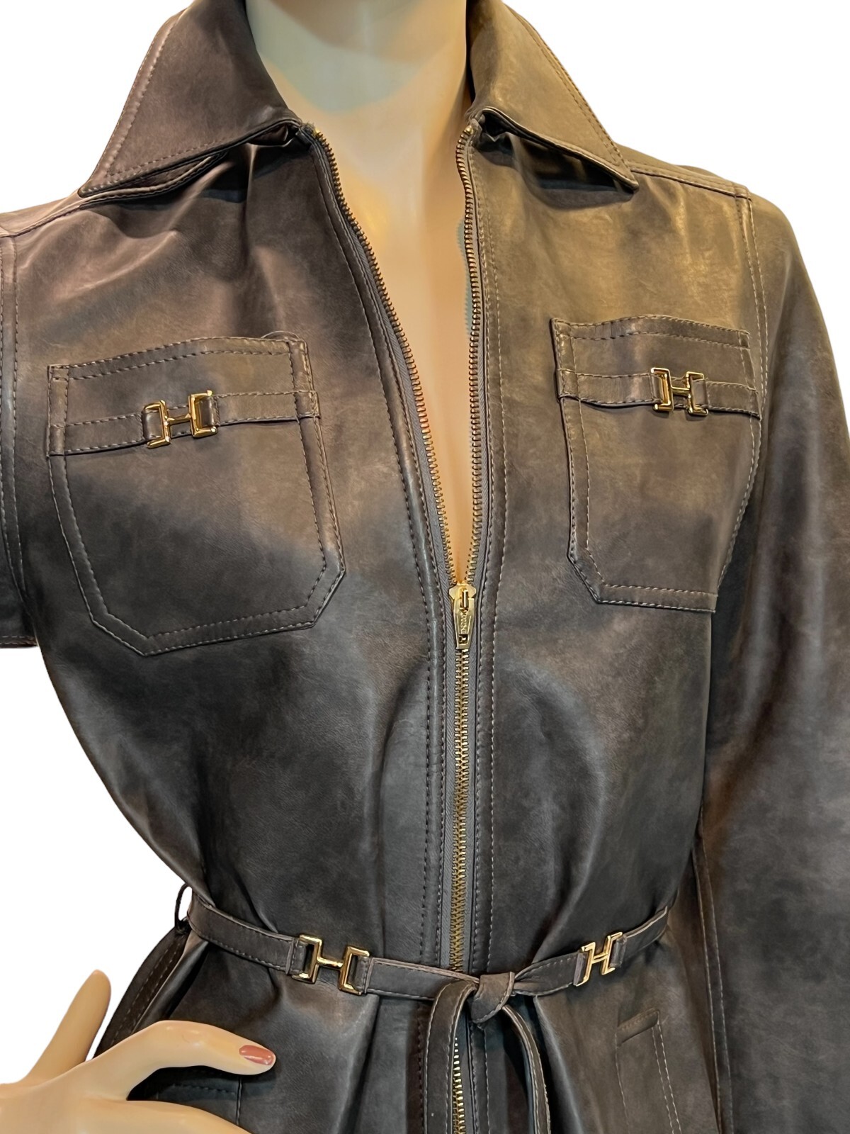 Sz S~M Vtg 60s MOD Gray VINYL COAT DRESS Joseph Magnin Ginala Front Zip Boho