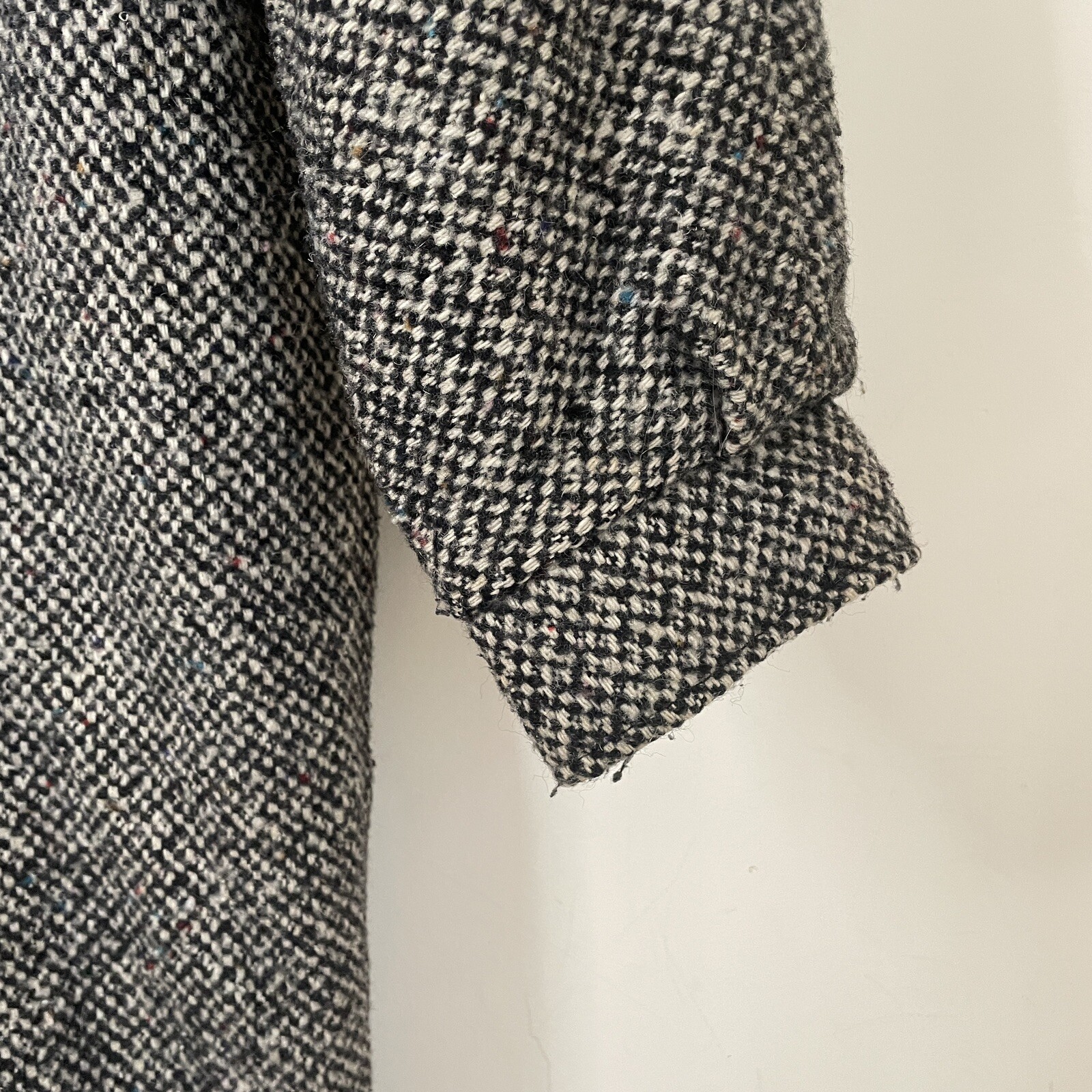 Vtg 80s DONNYBROOK Black White Tweed Long Coat w/Leather Accents Women Sz 12