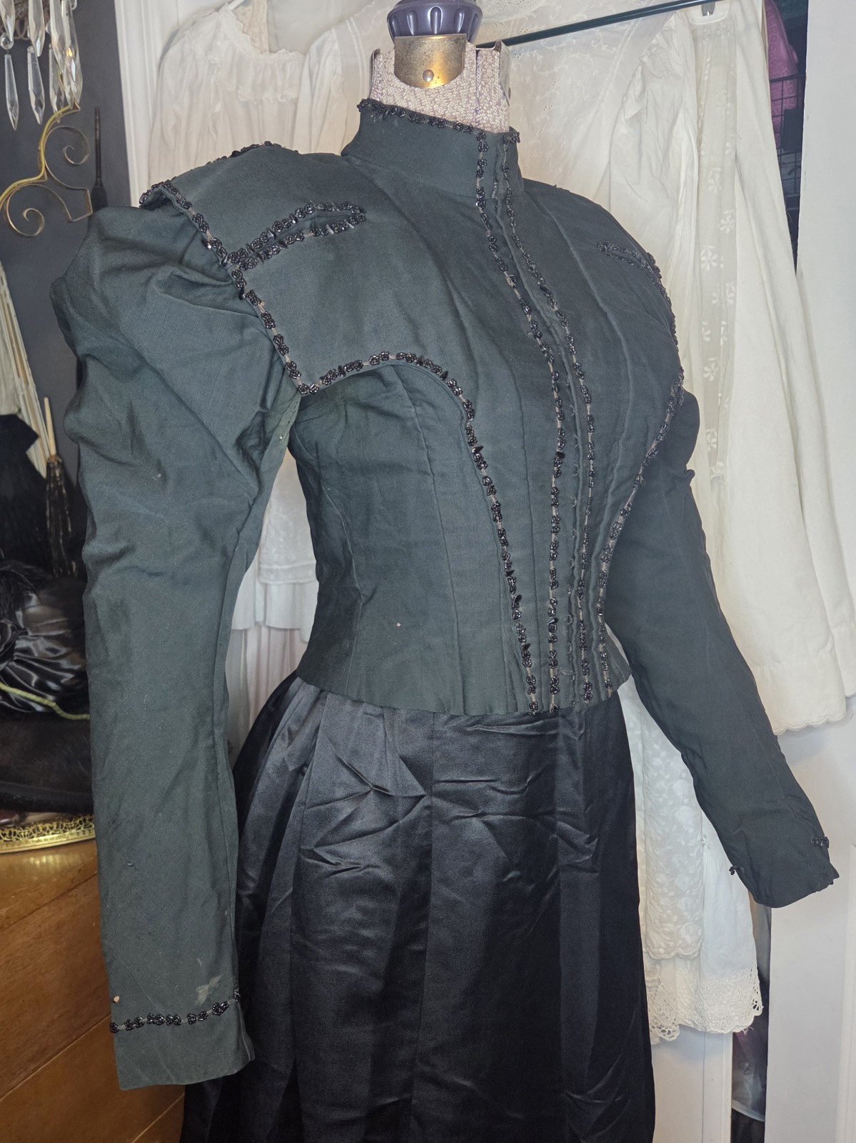 Deep Hunter Green Victorian Cotton Blend Bodice w/ Jet Black Bead Trim