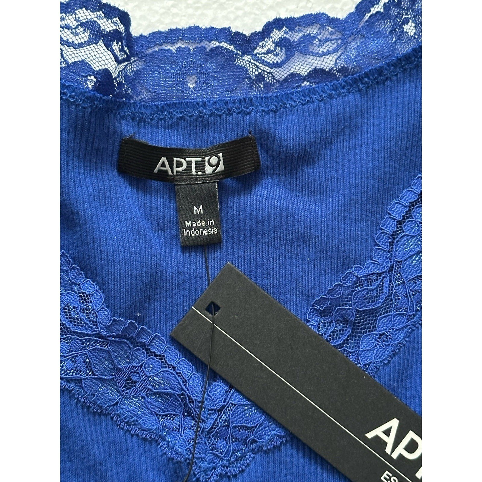NWT Apt. 9 Y2K Lace Trim Babydoll Top Womens M Dark Blue Stretch Lettuce Hem