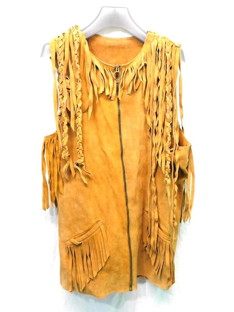 Vintage S Brown Suede Leather Fringe Vest Jacket Full Zip Western Hippie READ
