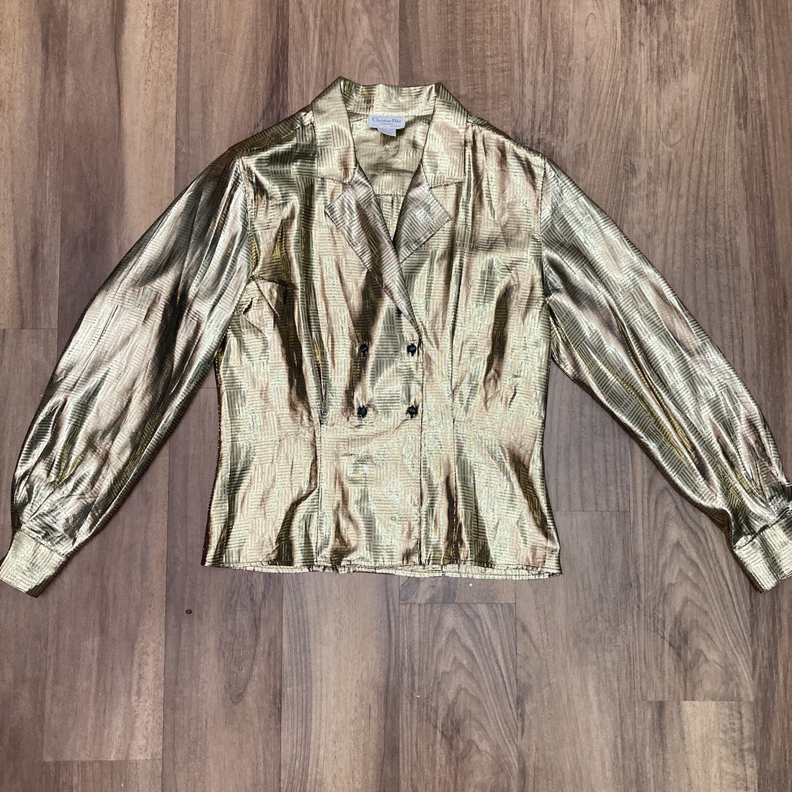 Authentic Christian Dior Gold Lamé Double Breasted Puff Sleeve Evening Jacket