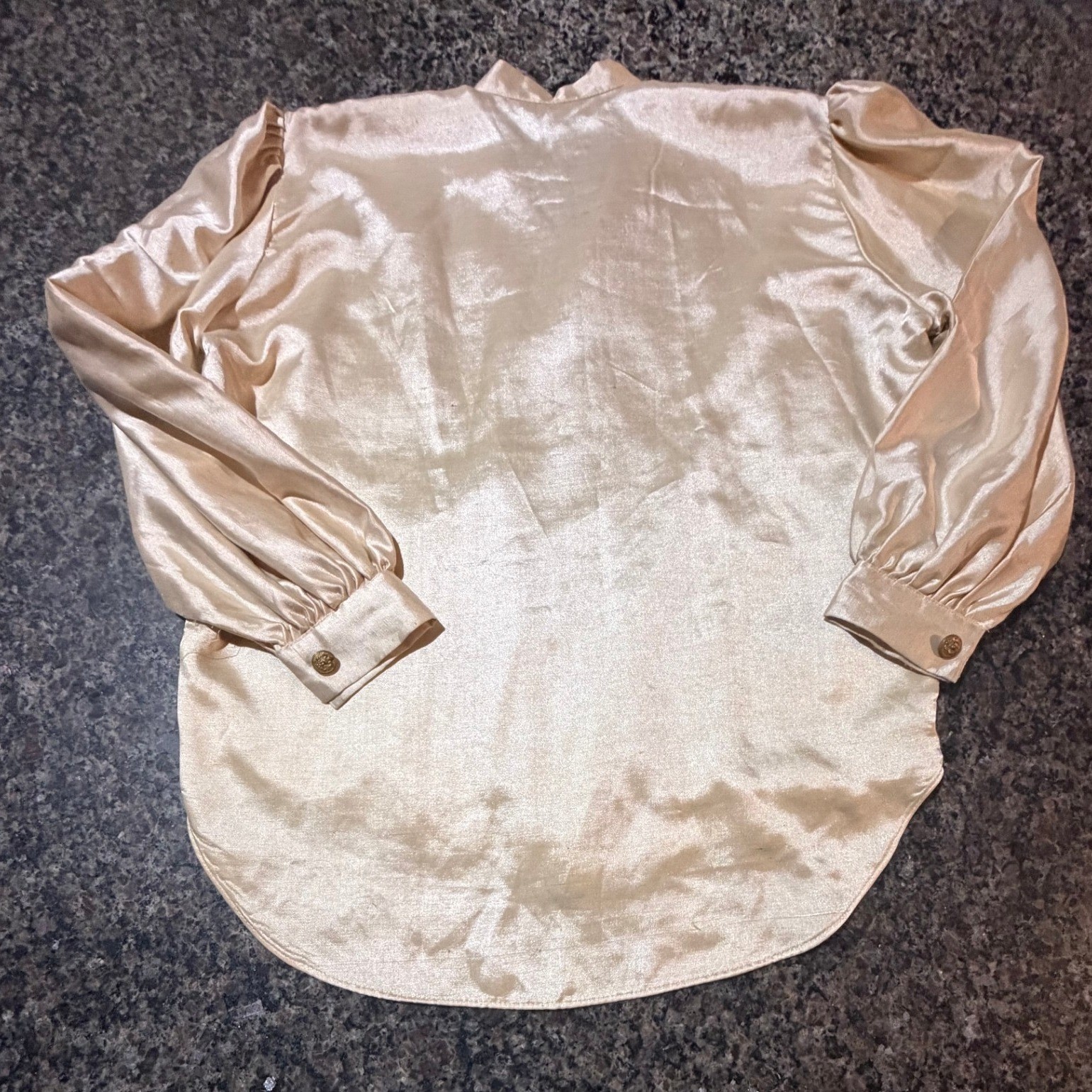 Vintage Embroidered Mirror Work Satin Blouse Champagne Gold Crest Button Top
