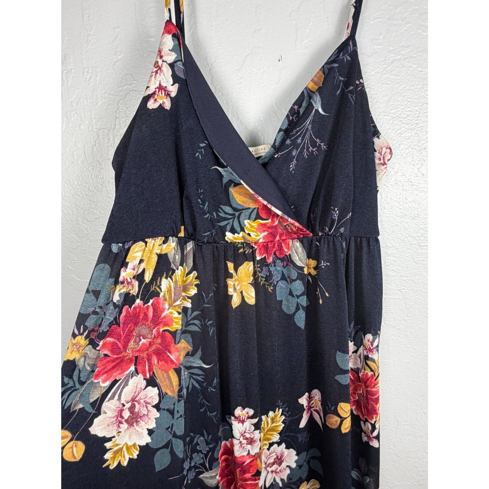 Active USA Women’s Large Black Floral Maxi Dress V Neck Adjustable Strap