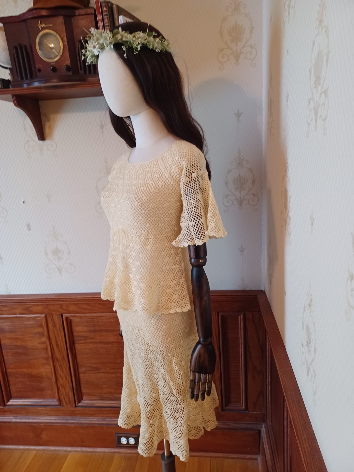 Vintage 1970s Boho/ Hippie/ Beach Wedding Ivory 2-piece Handmade Crochet Dress
