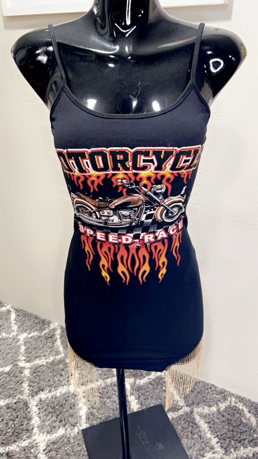 Sexy short black rocker style dress with chains hanging on the legs Size L