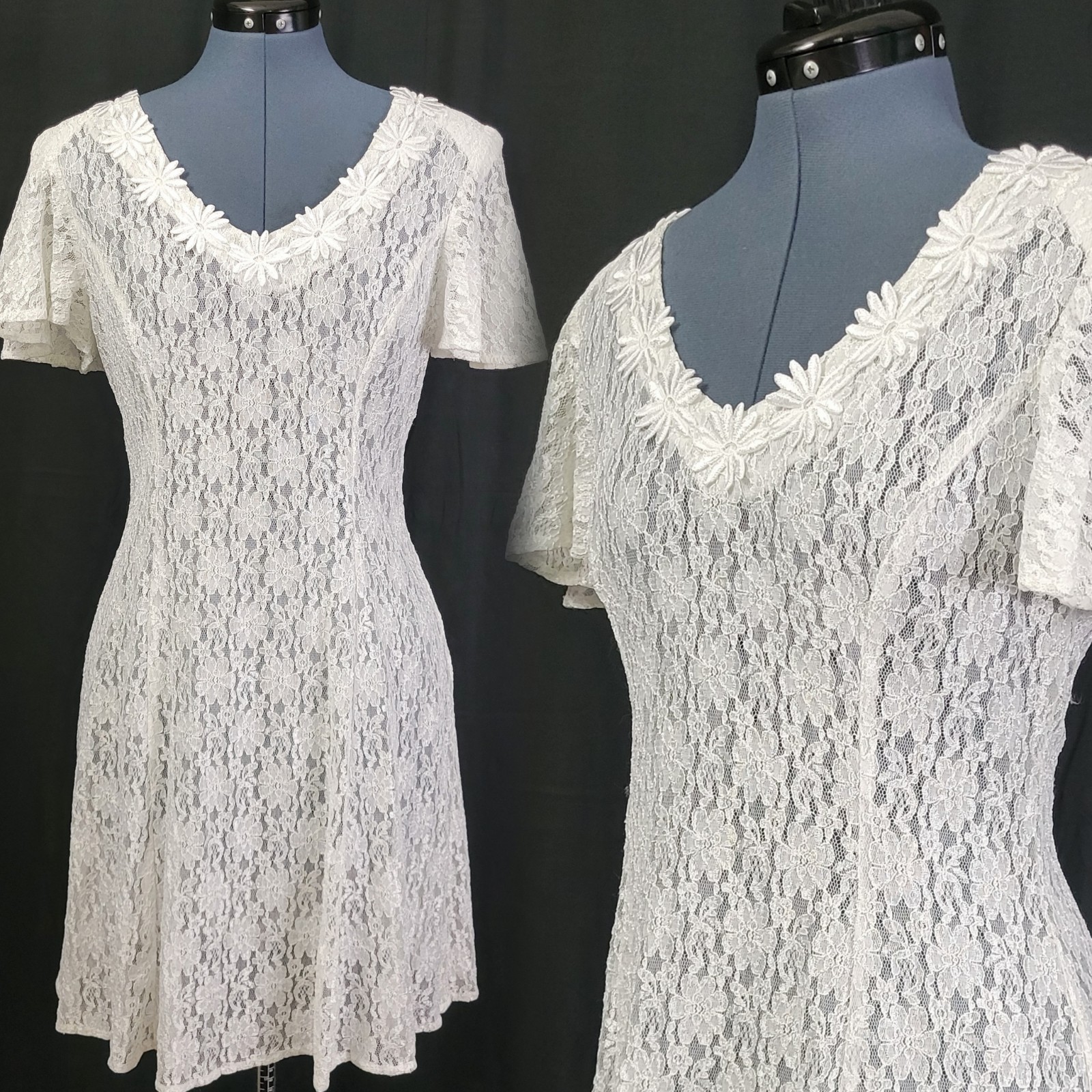 Vtg Dawn Joy Fashions White Lace Fit & Flare Dress w Flutter Sleeves Size 9/10