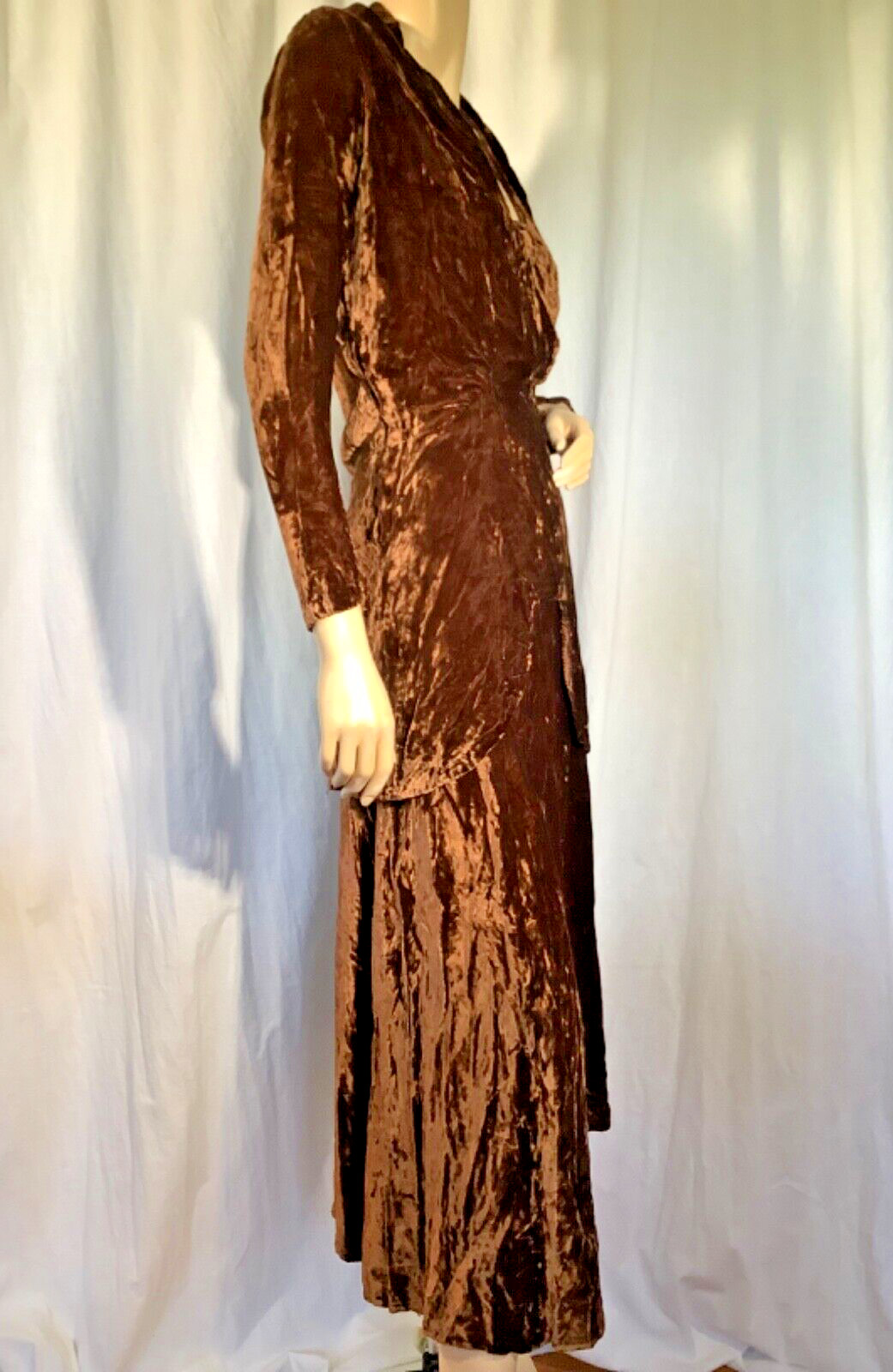 Art Deco vintage 30s draped 2 piece Dress peplum Top skirt Crushed velvet Brown