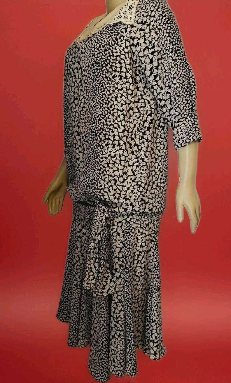 LIZ ROBERTS INC Vintage Black Beige Polyester 3/4 Sleeve women Dress Size 10