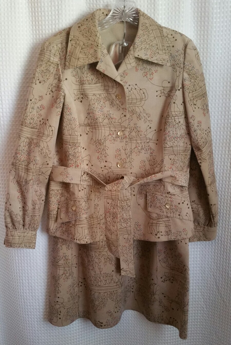 ABE SCHRADER by BELLE SAUNDERS Printed Belted Skirt Suit Vintage M/L?