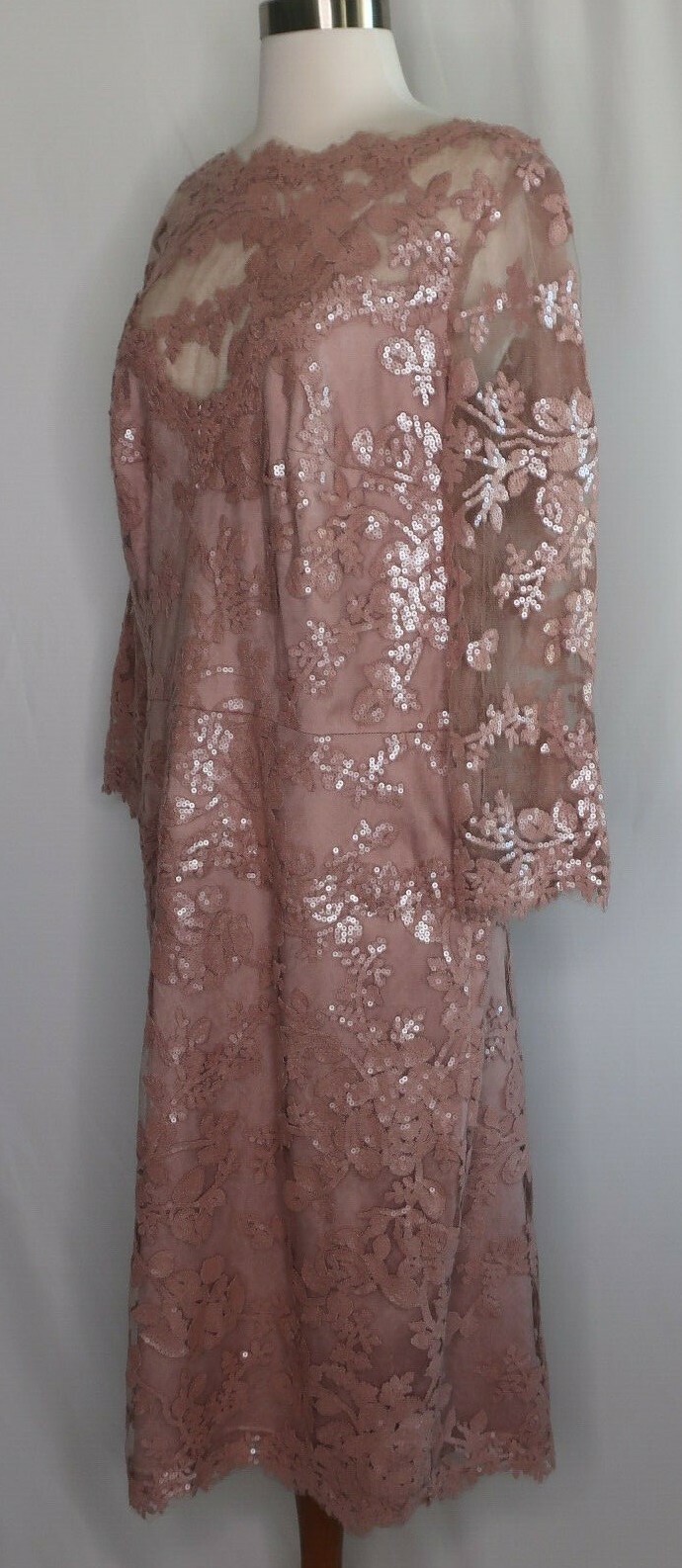 Tadashi Shoji Rose Pink Sequin Lace Floral Sheer Evening Cocktail Dress Sz 16