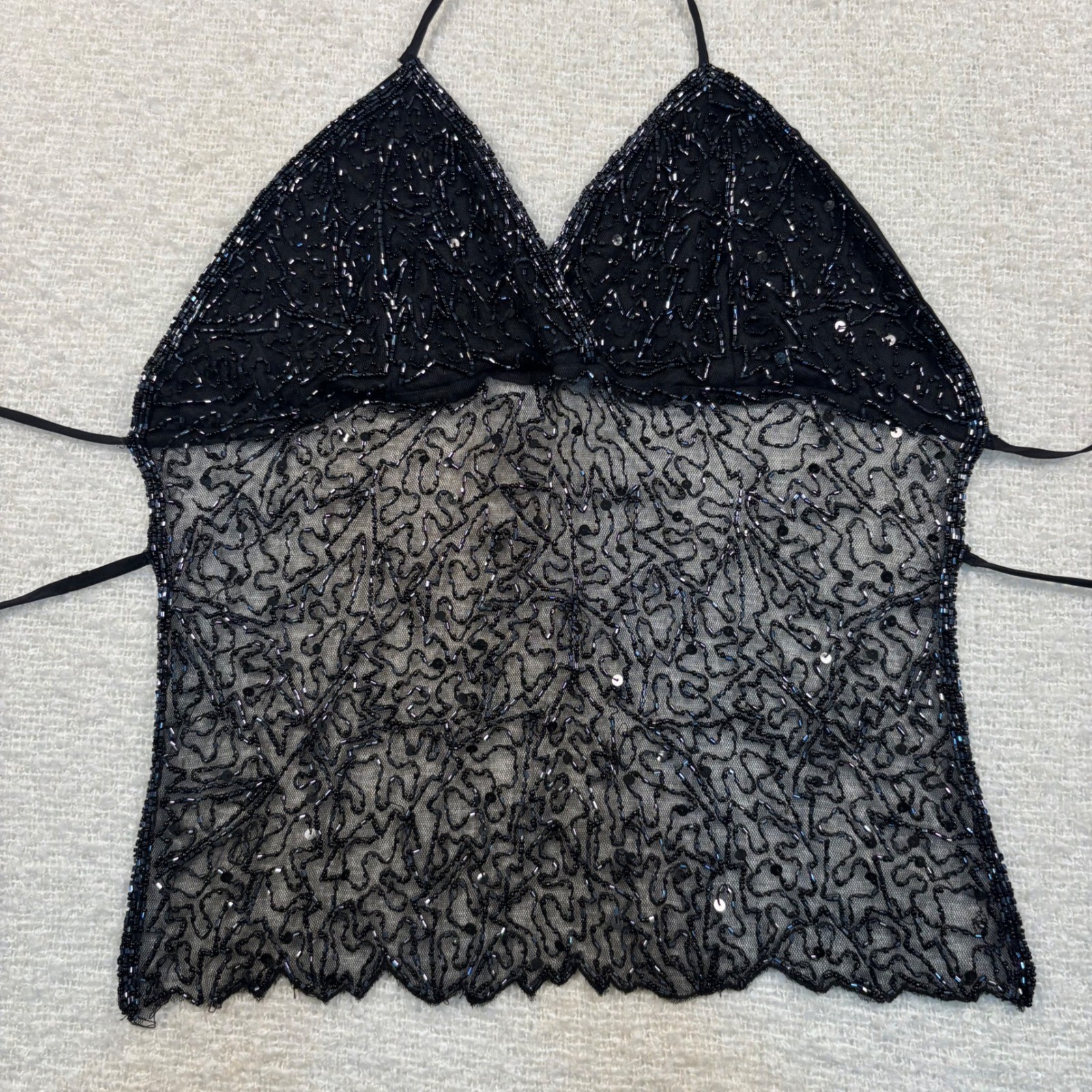vintage late 90s passport Y2K black beaded sequin mesh top strap coquette goth