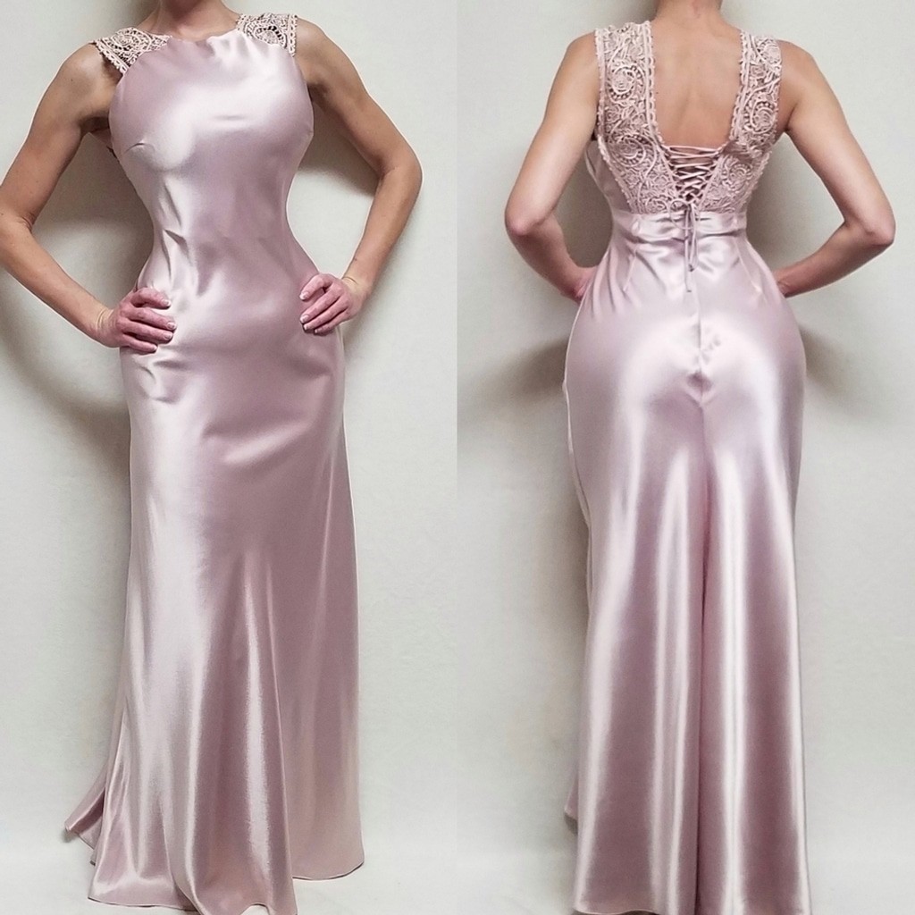 Vintage 90s 1001 Nights Blush Pink Satin Crochet Panel Lace-up Back Maxi Dress 6