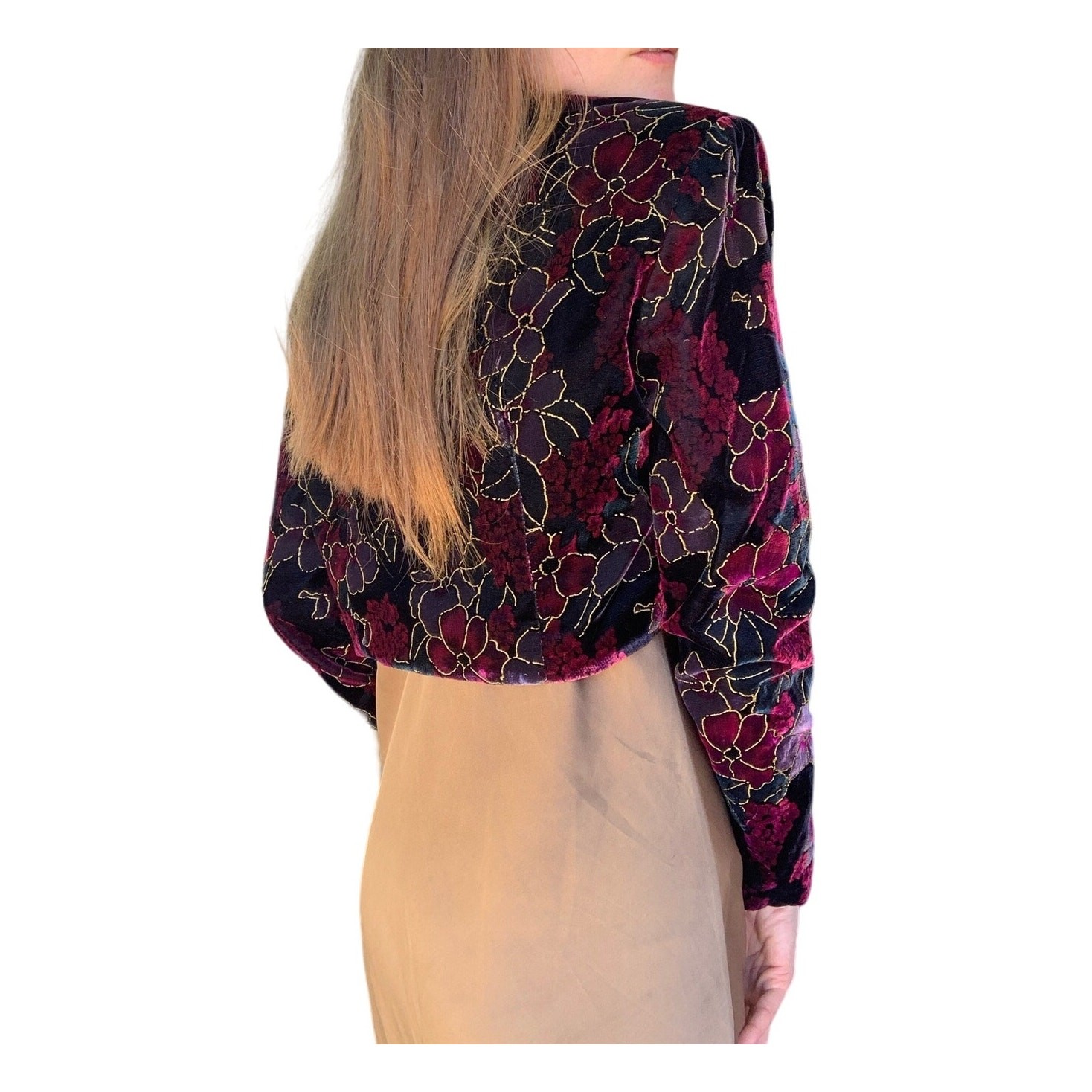 Vintage Velvet Floral CDC Evening Bolero Jacket Womens M 90s Party Cropped
