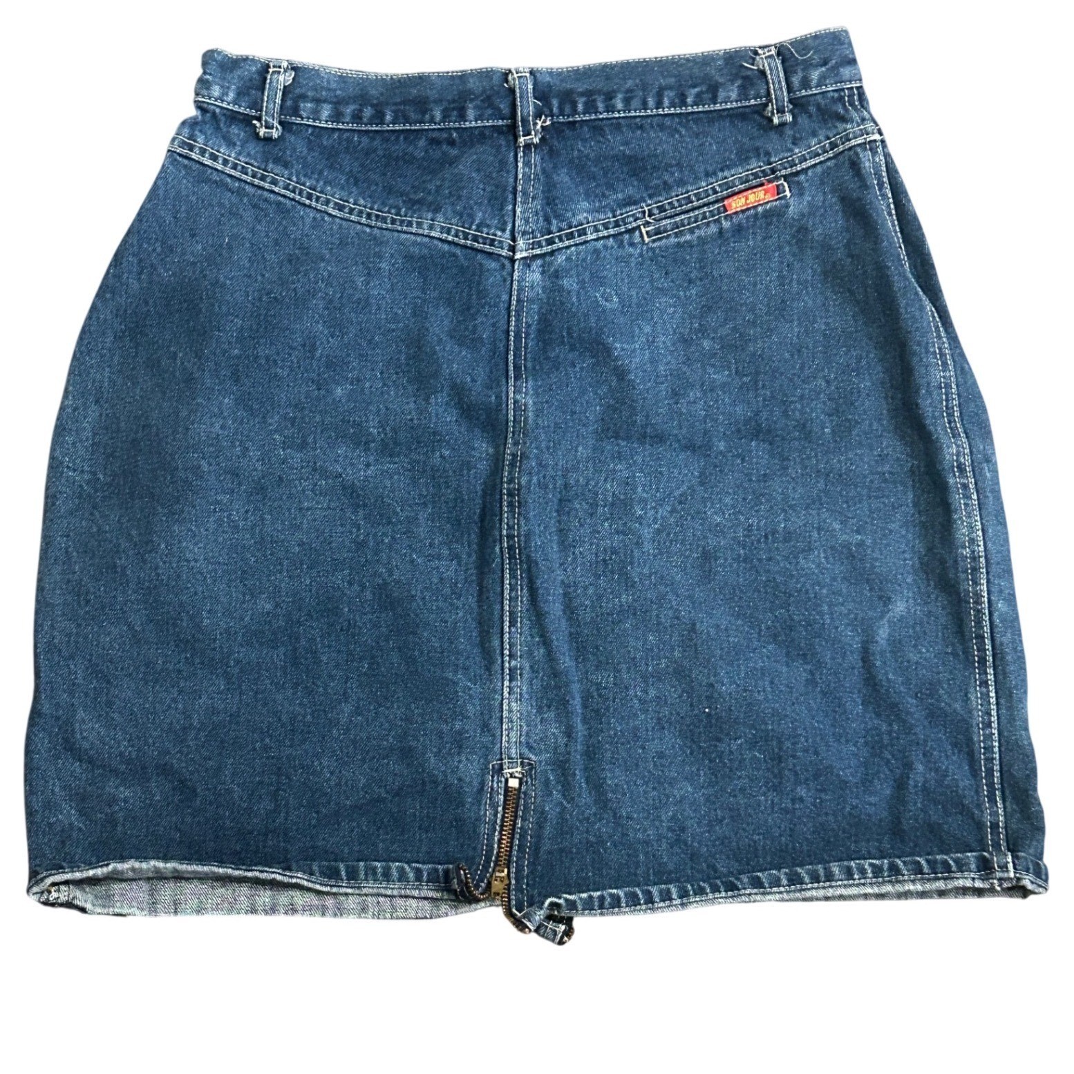 Vintage 80s Bon Jour Denim Mini Skirt High Waist 30 Front Back Hem Zipper