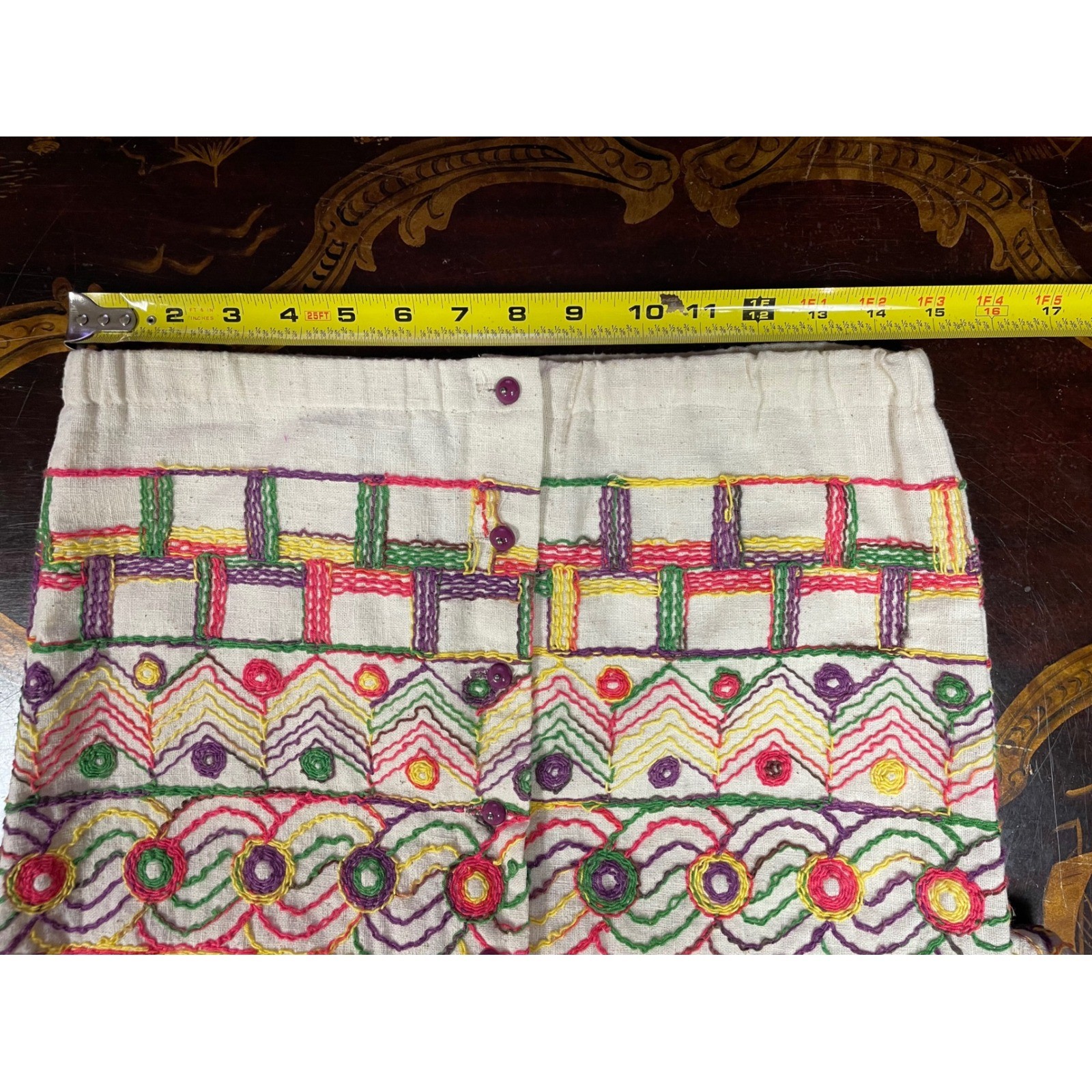 Vtg Chequers Hand Embroidered Button Up Maxi Skirt Boho Maximalist Folklore 29″