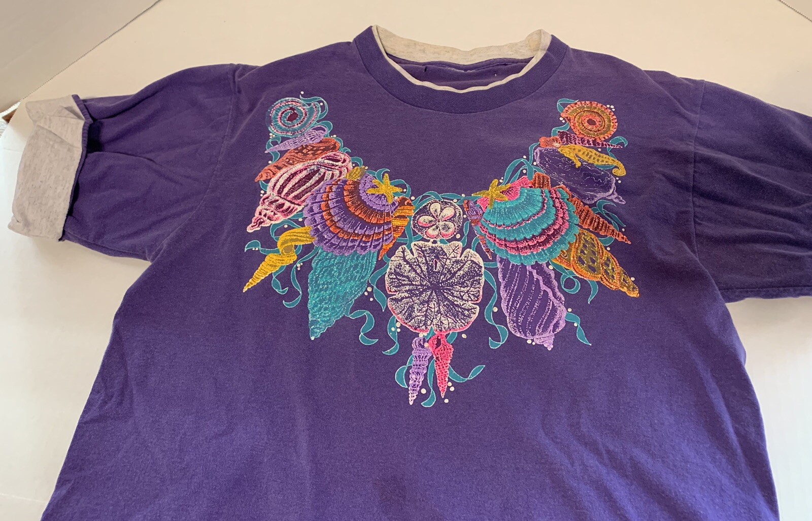 Vtg 90s Panama Jack Granny TShirt L ? Purple Shells Glittery Distressed Sea