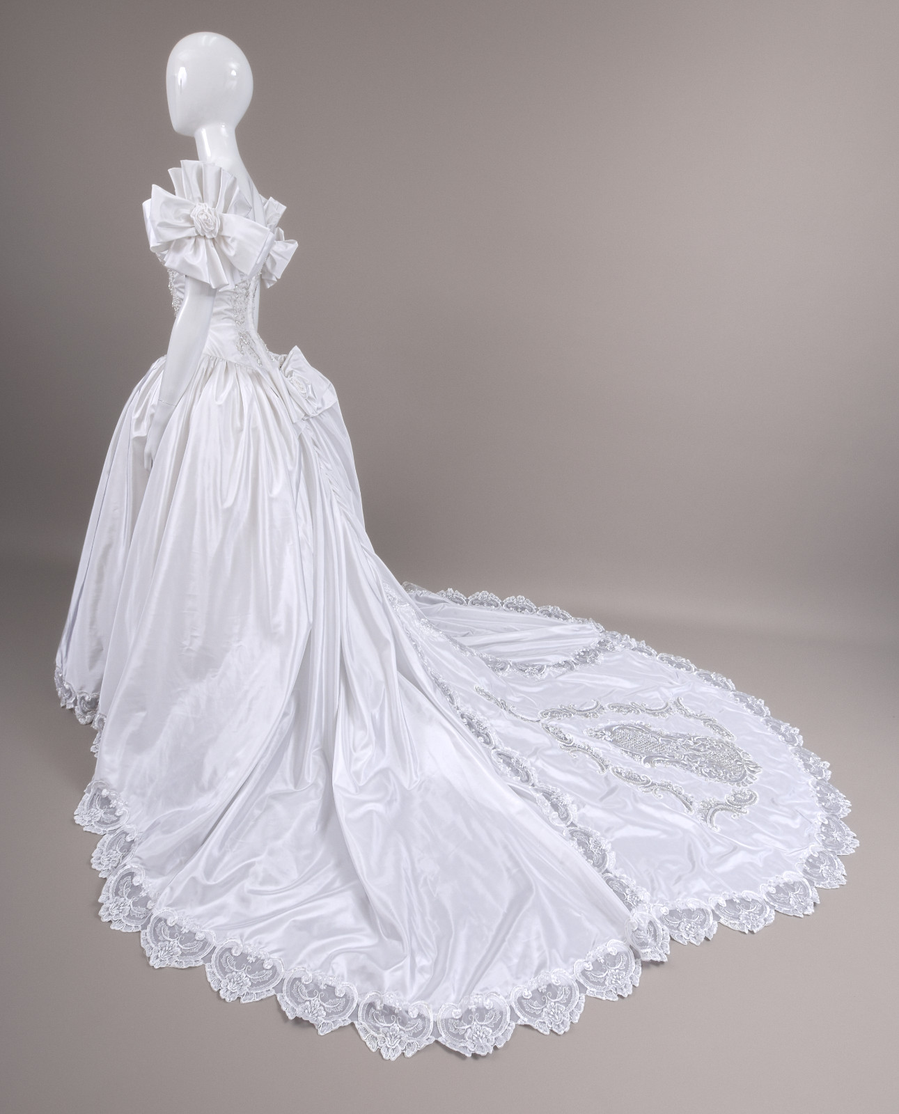 1990s Off-The-Shoulder Beaded Taffeta Satin Wedding Dress, W/Cathedral Train 2/4