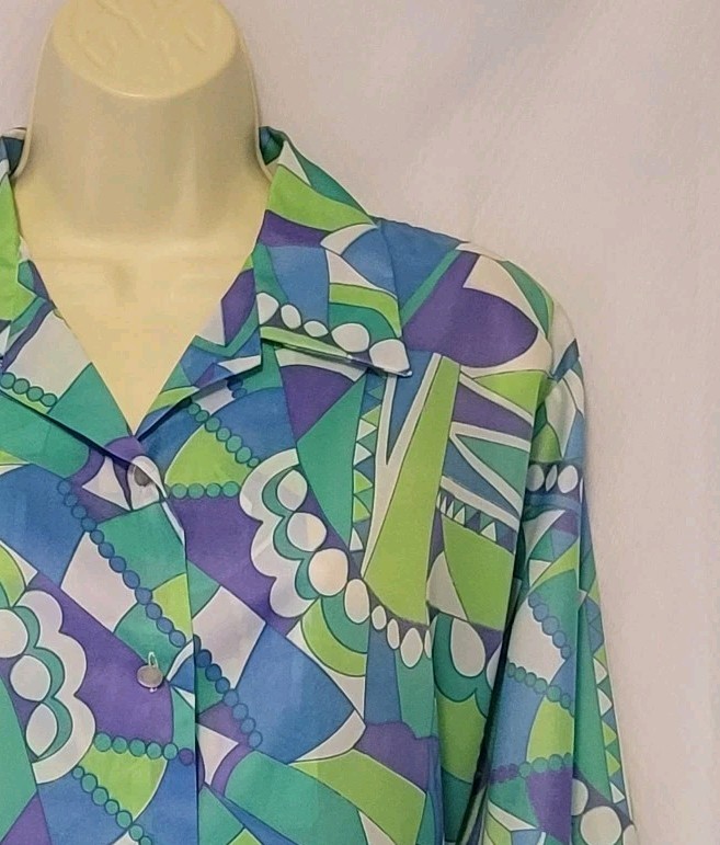 VTG 70s Wmn’s Blue Purple Green Geometric Mod Retro Satin Button Up Blouse Sz 18