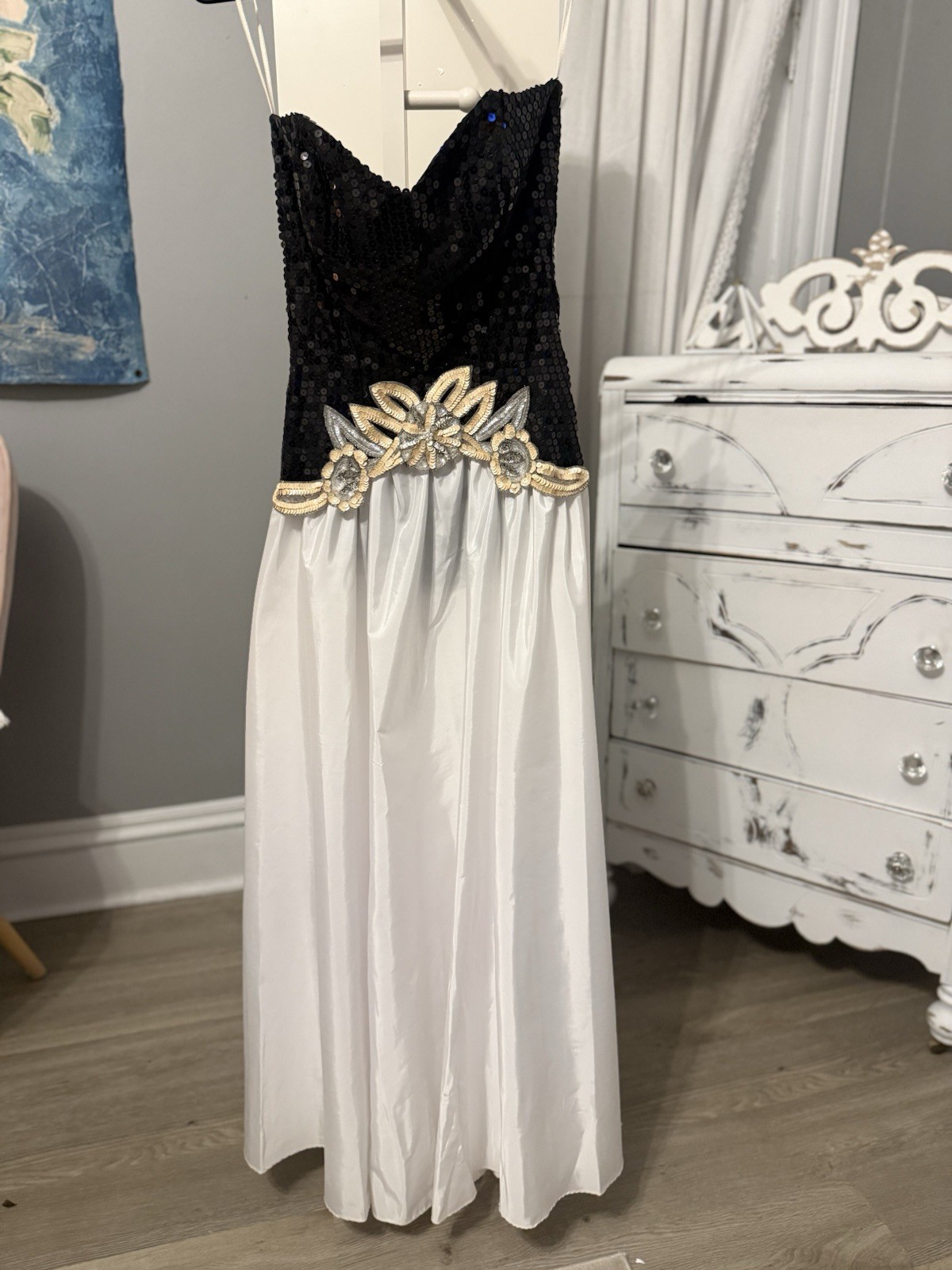 Vintage Black And White Sequin Corset Dress with Good and silver overlay