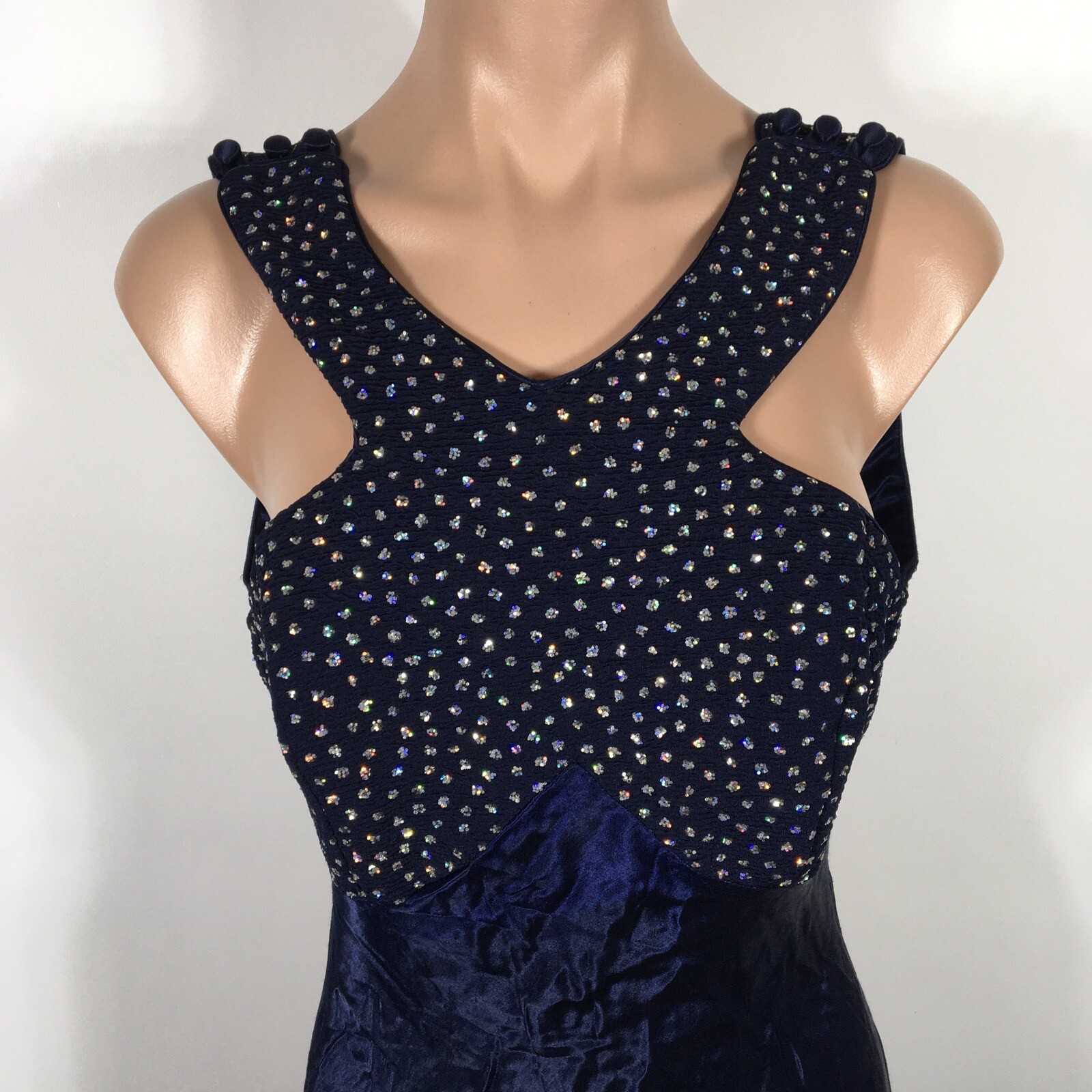 Vtg 90s y2k L.A. Glo Blue Glitter Prom Dress Evening Formal High Neck Backless