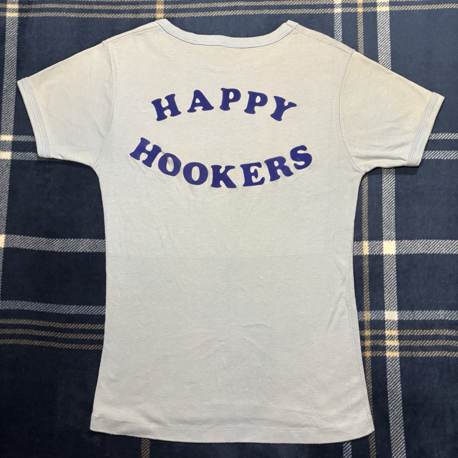 70s “Happy Hookers” Faded Blue Plymouth T Shirt Ringer Size Medium