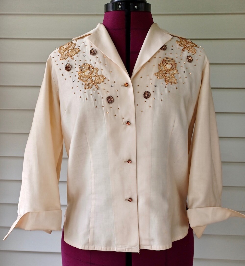 Vintage 60s Malbe Original 2 Pc Size 12 Appliqué Shirt and Slim Ankle Pant Suit
