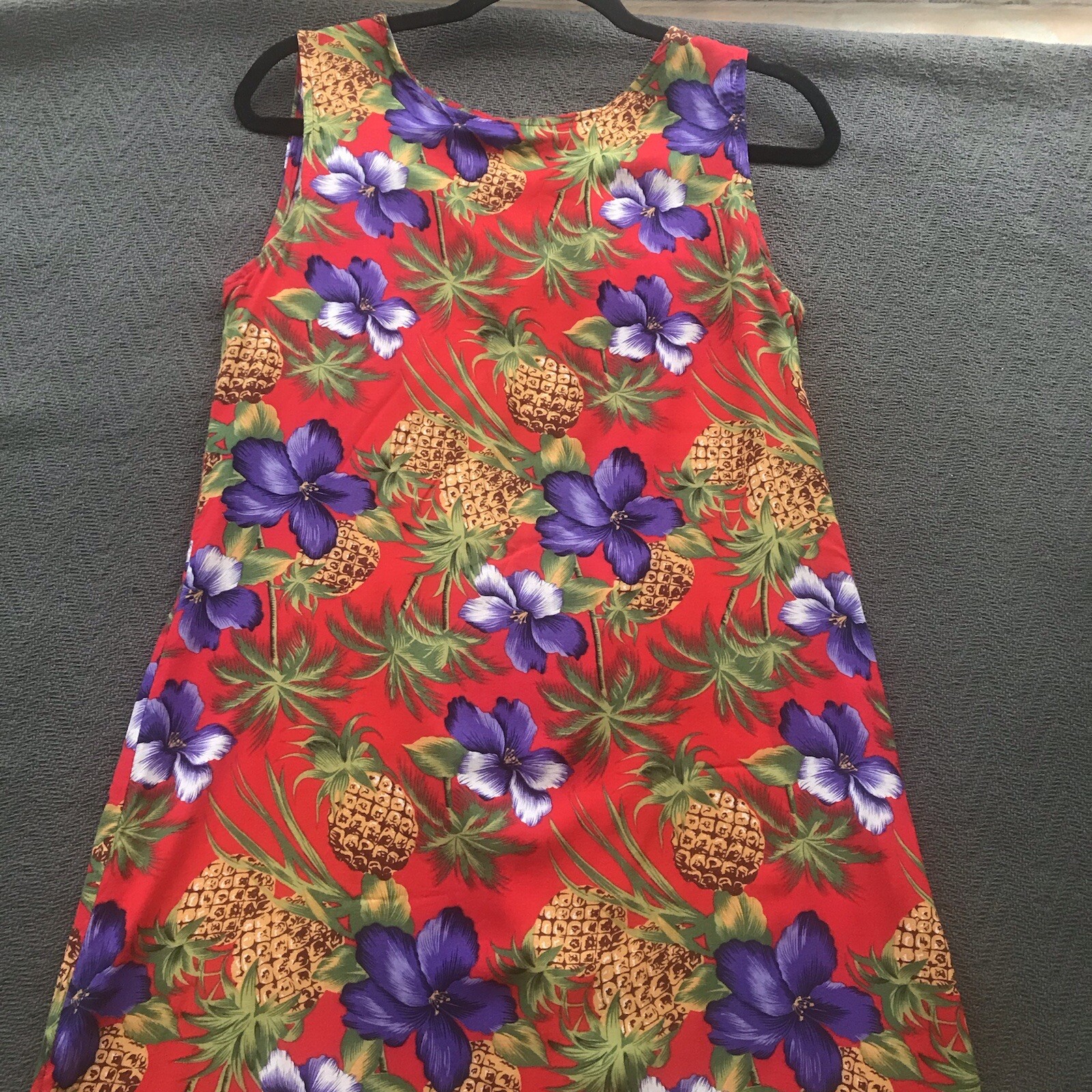 Vintage Dressing Clio Hawaiian Luau Maxi Dress Red Purple Hibiscus Pineapple S