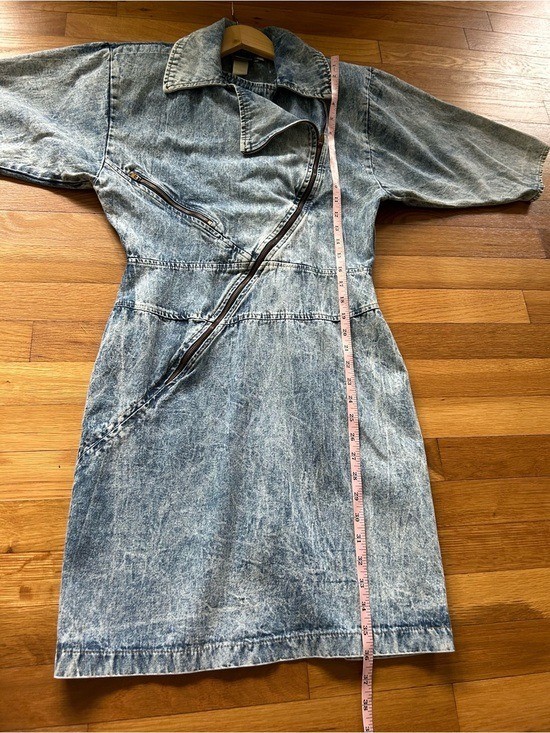 Vintage 80s Acid Wash Denim Dress Asymmetrical Zip Moto Dress