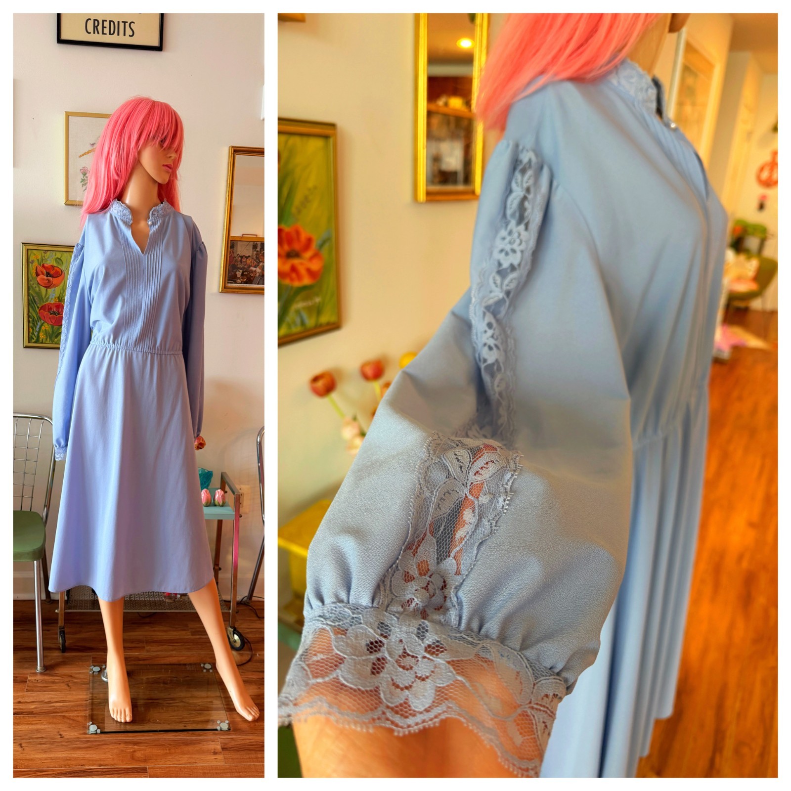 🩵 Vintage 70s Romantic Lace Secretary Prairie Dolly Midi Dress Plus Size