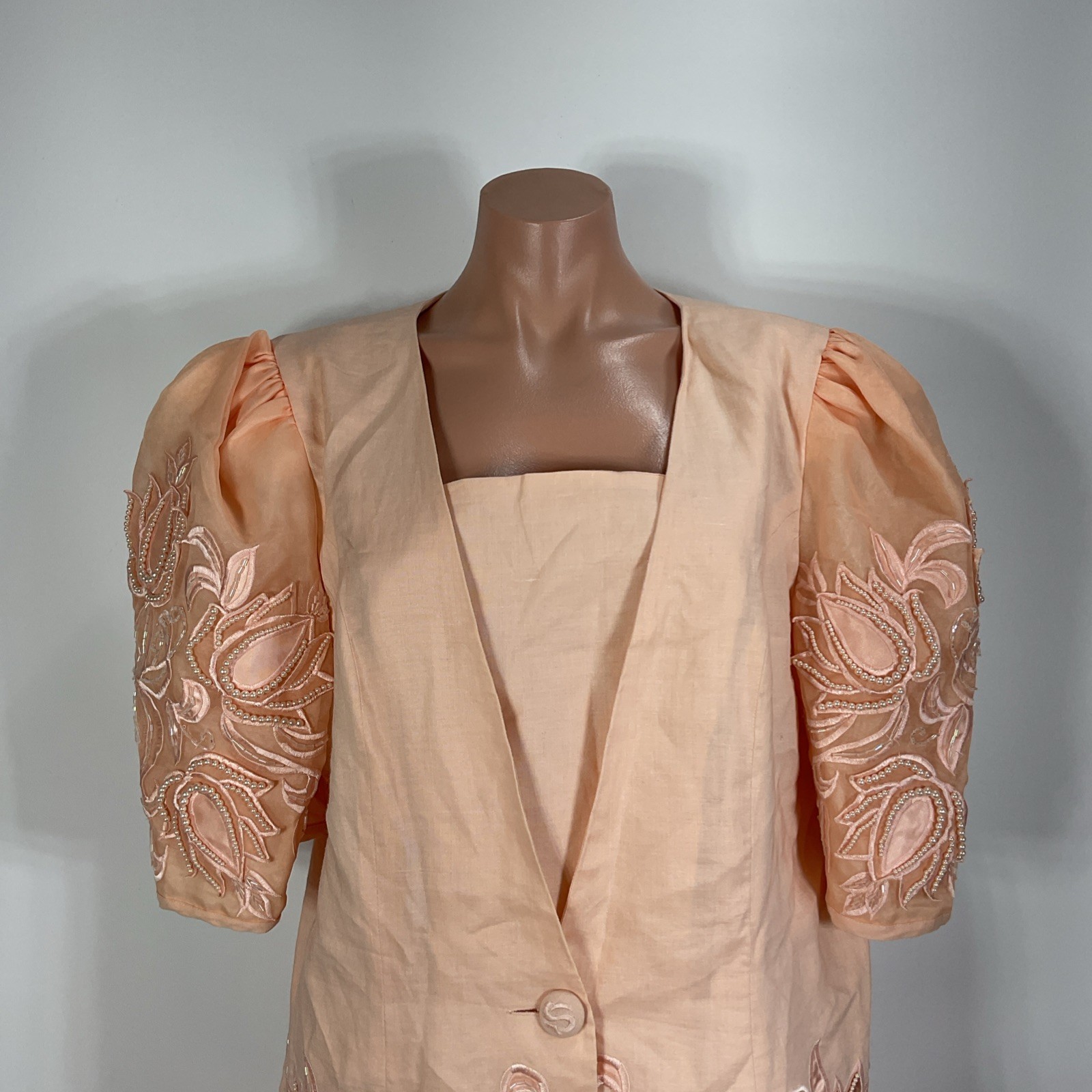Vintage 80s DAVINCi Pink Suit Puffy Sleeve Suit Jacket Skirt 16X Beaded Linen