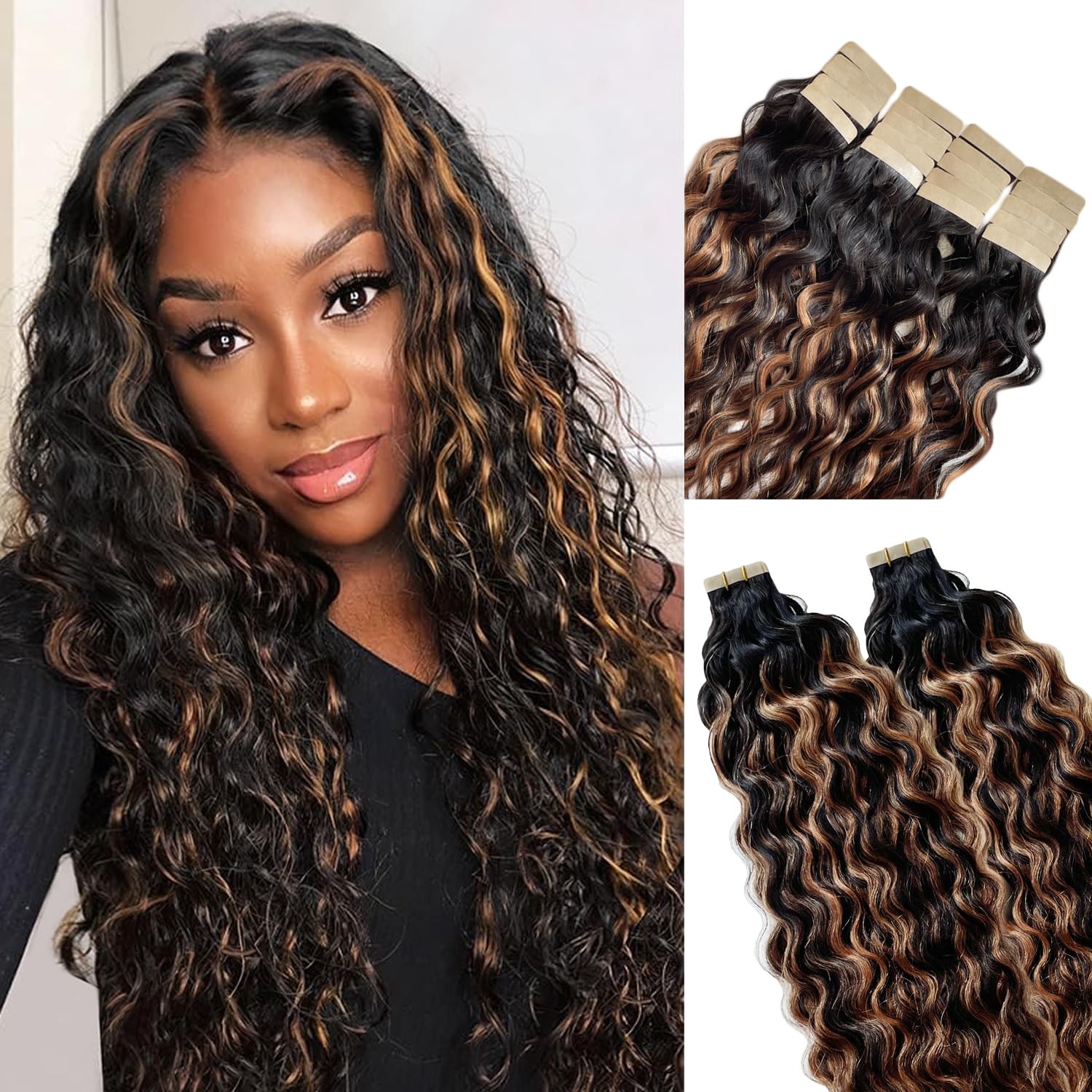 16 Inch Water Wave Ombre Tape in Hair Extensions Real Human Hair for Women Highl