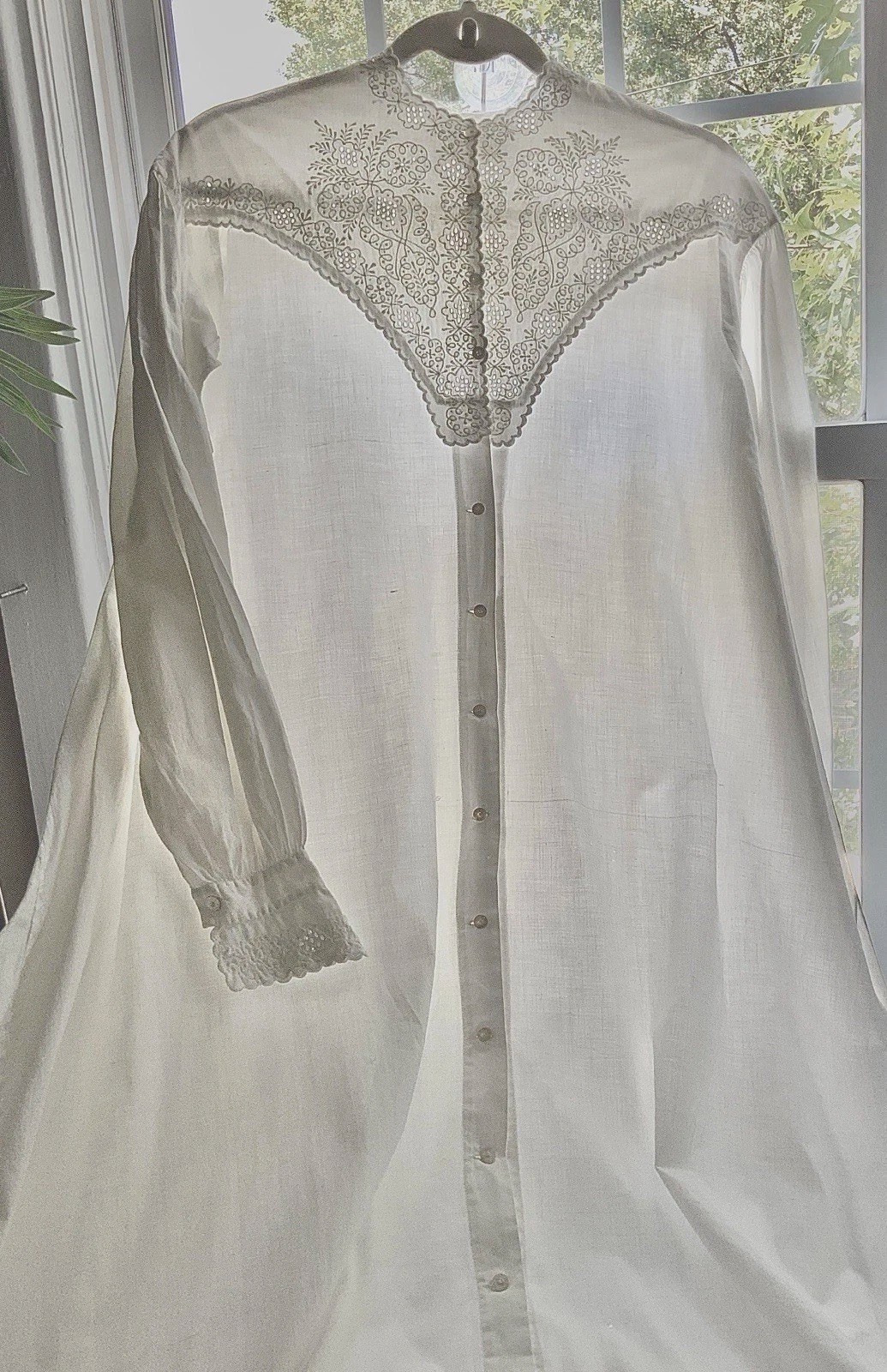 Antique Edwardian Victorian Prairie Cotton Nightdress Original Embroidery Sz Lg