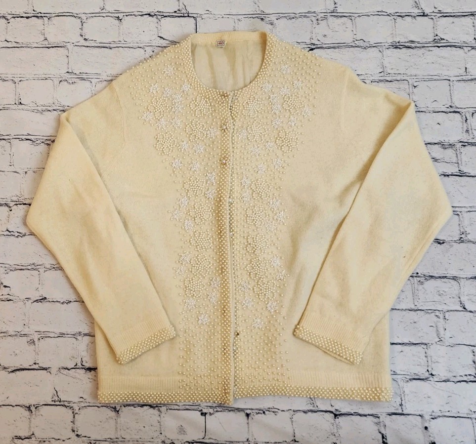 Vintage Seed Beaded Cardigan Sweater Hong Kong Lamb’s Wool Sz 38 Small