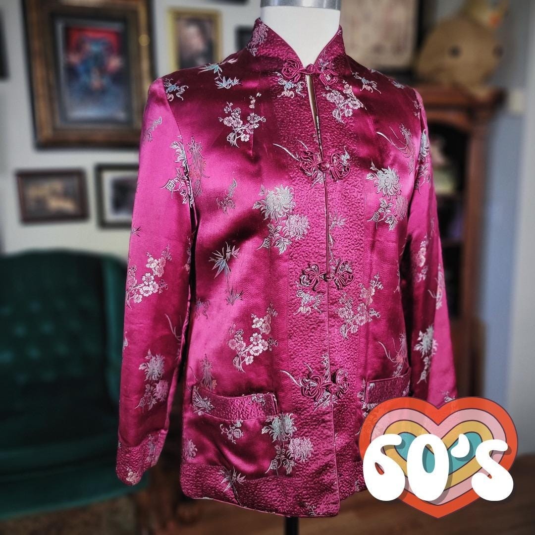Reversible Quilted Satin Jacket Vintage 60s Magenta Gold Floral Frog Closure