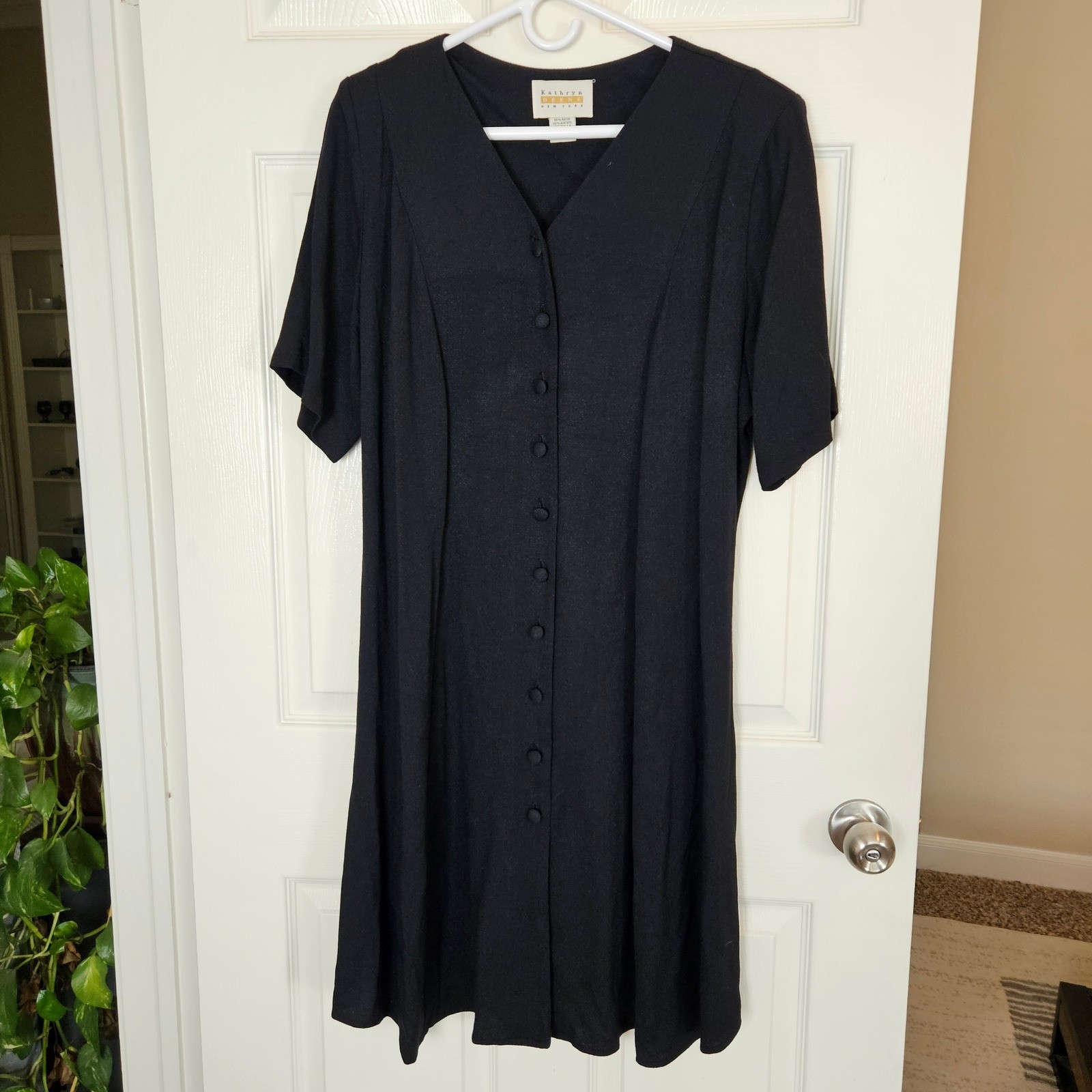 Vintage 90s Black Button Front Lace Up Back Midi Dress Short Sleeve Minimalism L