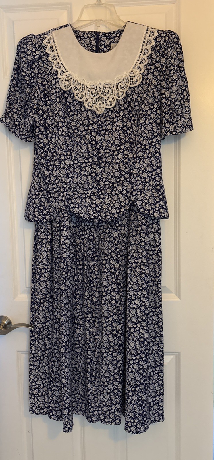 Vintage Miss Dorby Dress Lace Collar Cottagecore 80s Blue/White Floral Sz 10.