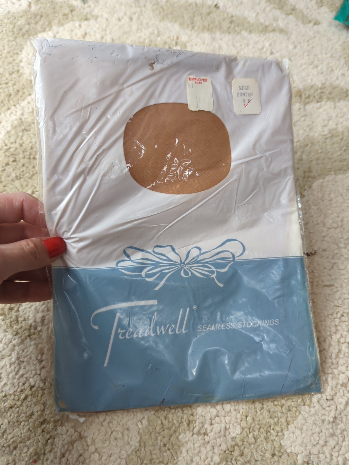 Vtg NOS Treadwell Stockings Seamless Mesh Suntan Size 9 M Rare HTF