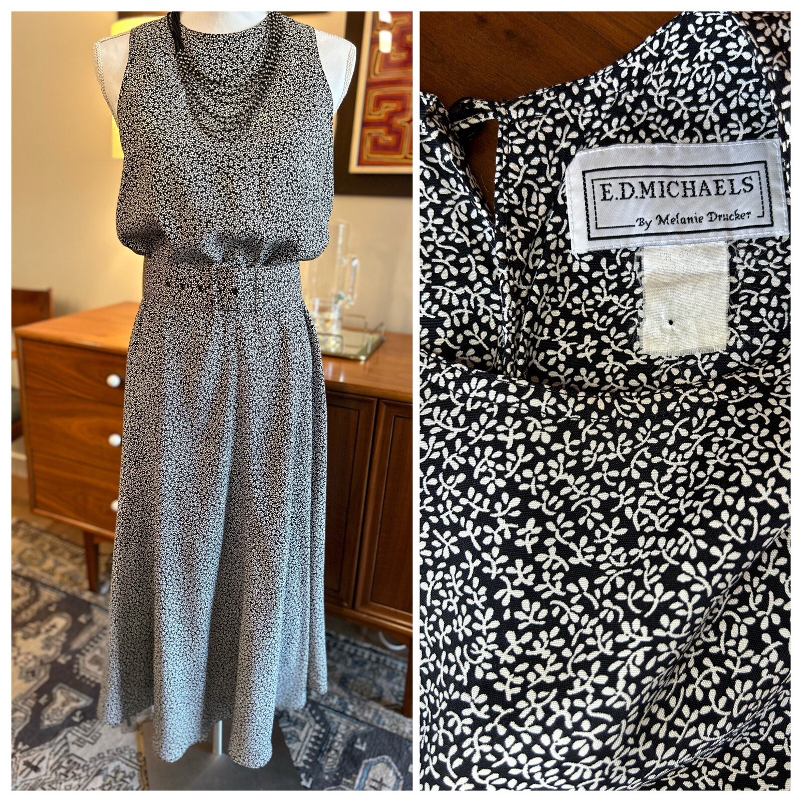 80s 90s Vintage Dress Belted Black White Floral Midi Dress ED Michaels Sm – Med
