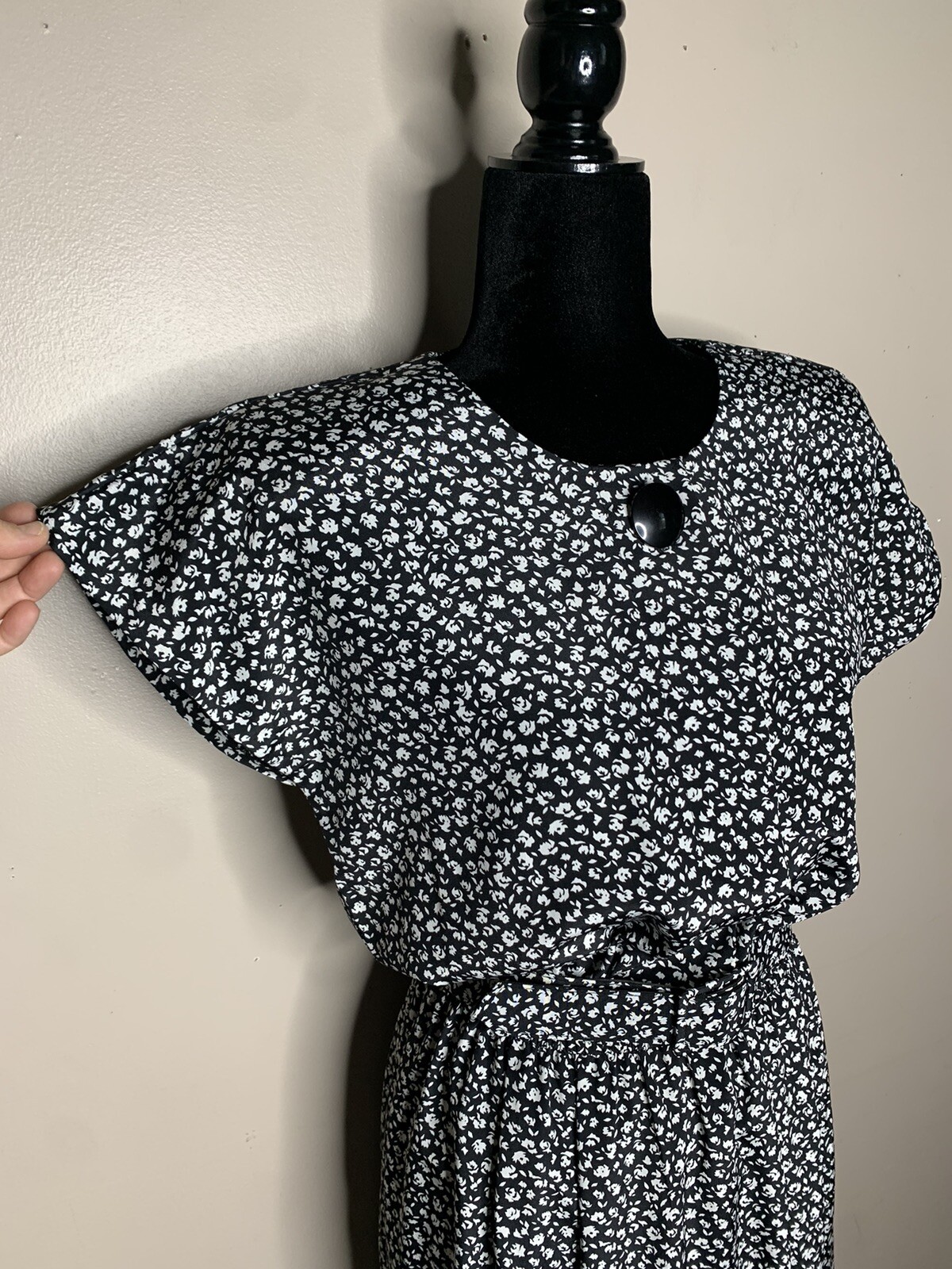 Vintage 80s Pellini Von Bramlett Black White Floral Belted MIDI Dress USA Sz 7/8