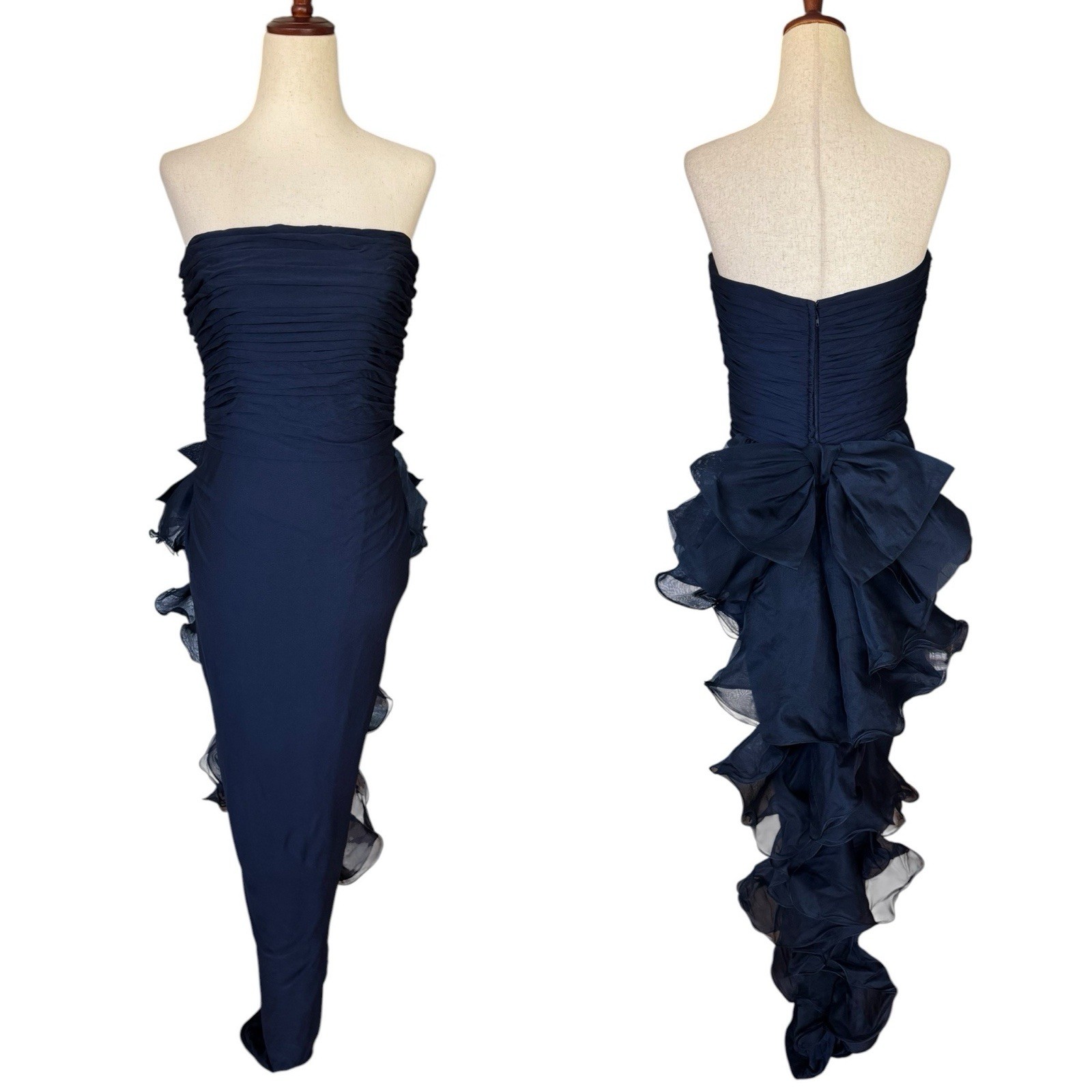 Vintage 70s 80s Jill Richards Strapless Navy Ruffle Bow Maxi Evening Dress Gown