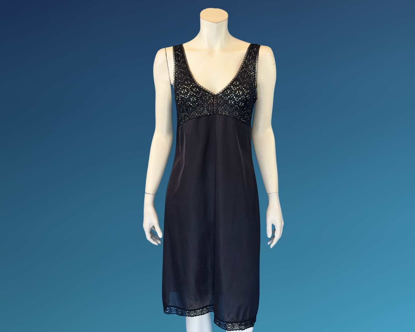 Vintage 60s 70s Black Lace Nylon Full Slip Dress | S M
