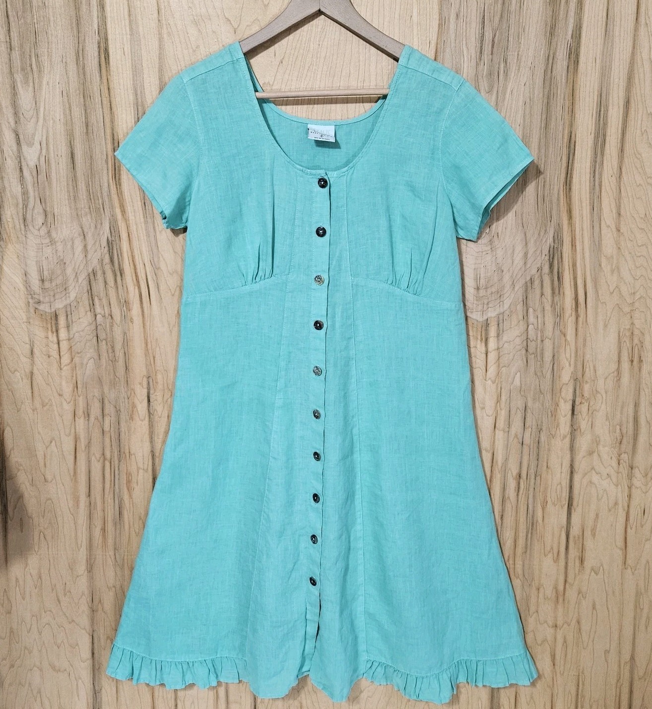 Click Color Me Cotton Womens Vintage 90s Turquoise Linen Button Front Dress Sz S