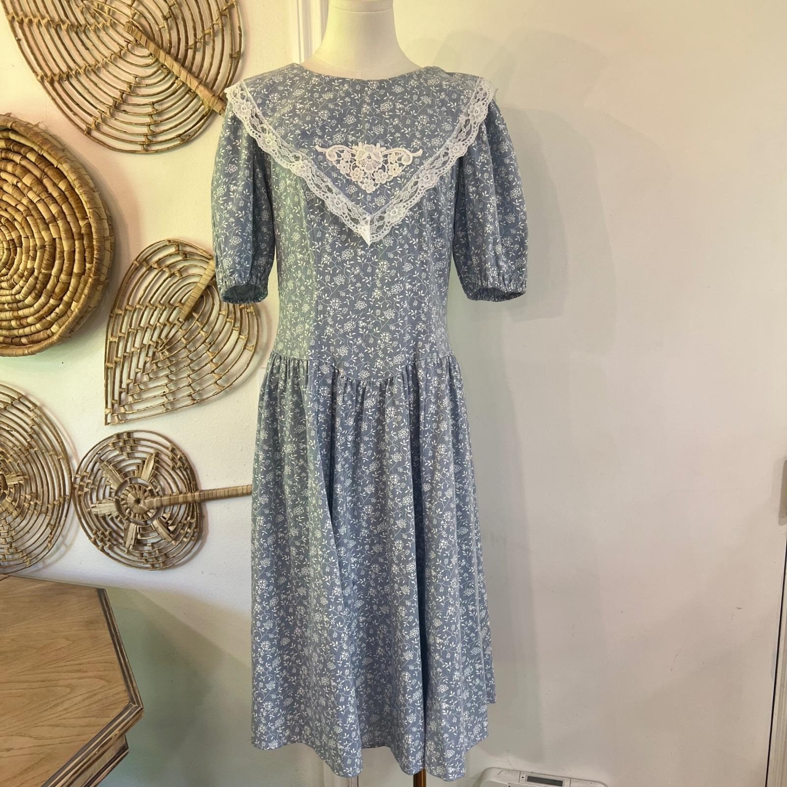 Vintage Maggie Lawrence Blue Floral Cotton Lace Collar Prairie Midi Dress 11/12