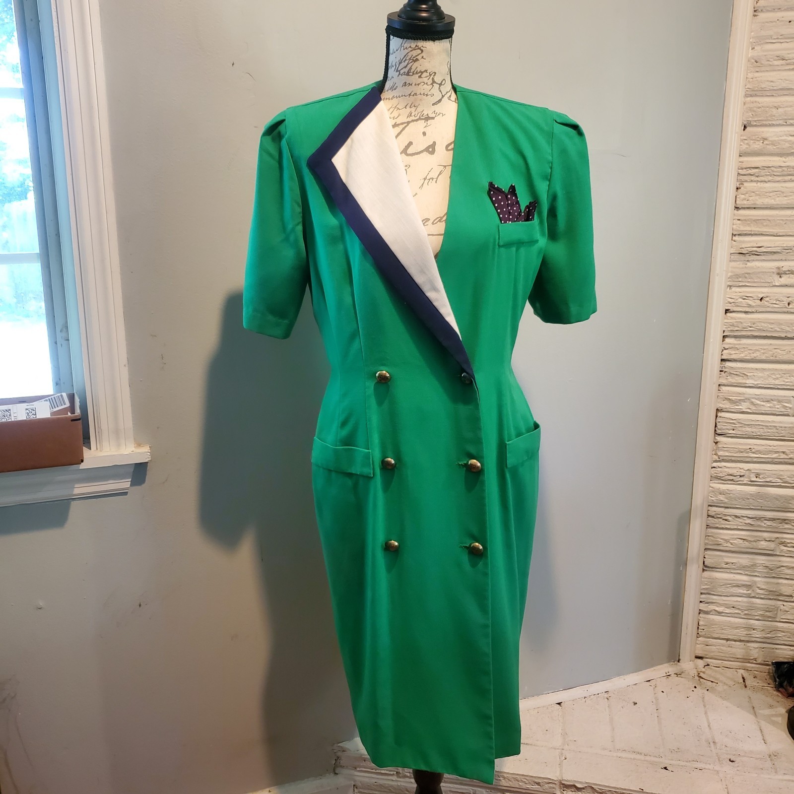 Vintage 80s Danny & Nicole Asymmetric Tuxedo Blazer Dress Green Midi Sz8