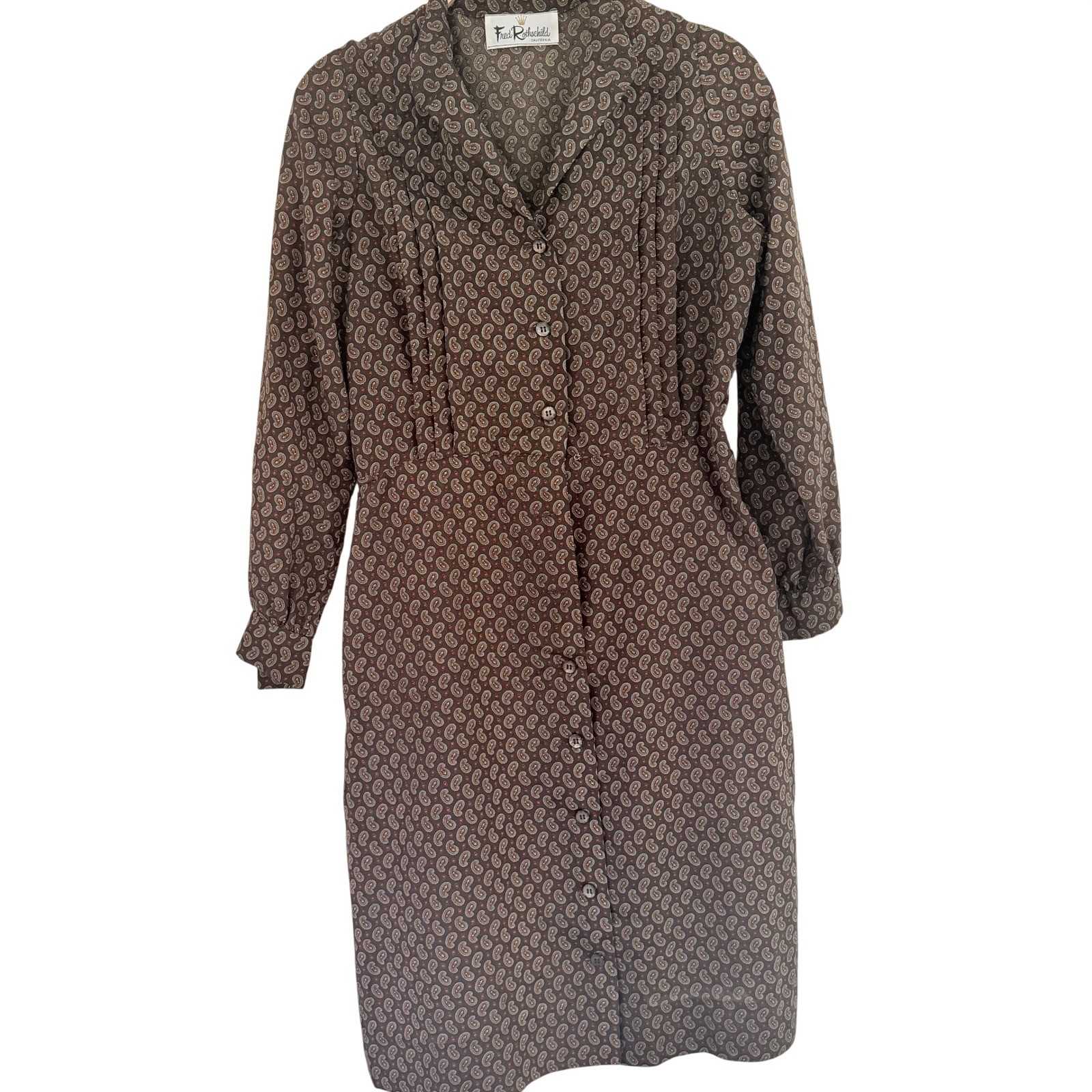 Vintage Fred Rothschild California Brown Paisley Button Front Shirtwaist Dress
