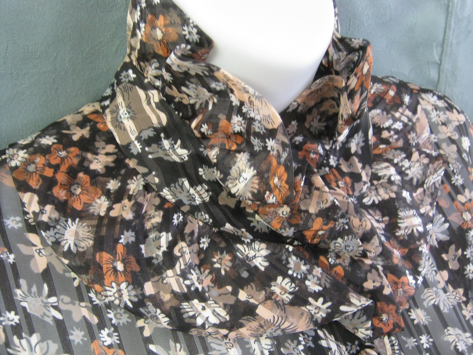 VTG Malbe Blouse Size 15 / 16 Floral Print Sheer Stripe Ruffled Collar Top