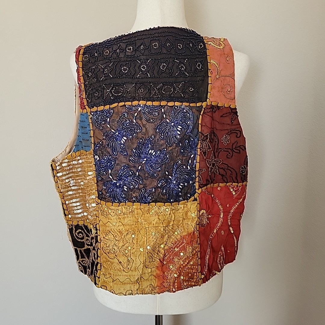 Vintage Beaded Patchwork Open Front Vest Sz O/S Hippie Boho Bohemian Cottage 90s
