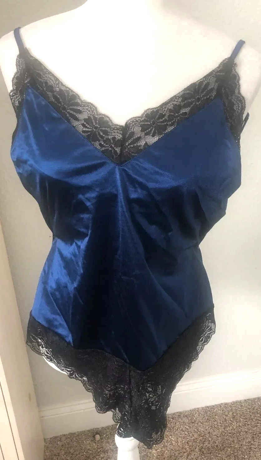 Vtg New AVIDLOVE Sz L Navy Royal Blue Satin 1 One PC Black Lace TEDDY Lingerie