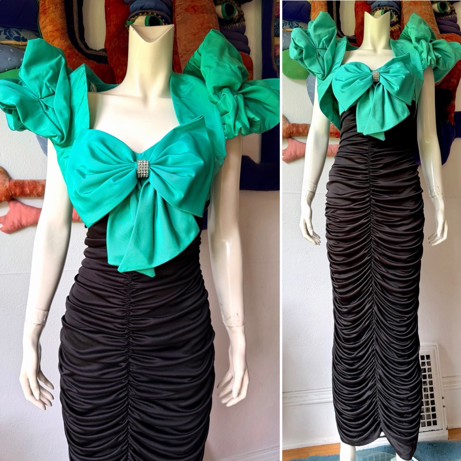 Vintage 1980s Climax David Howard Ruched Maxi Dress Dramatic Bolero Black Green
